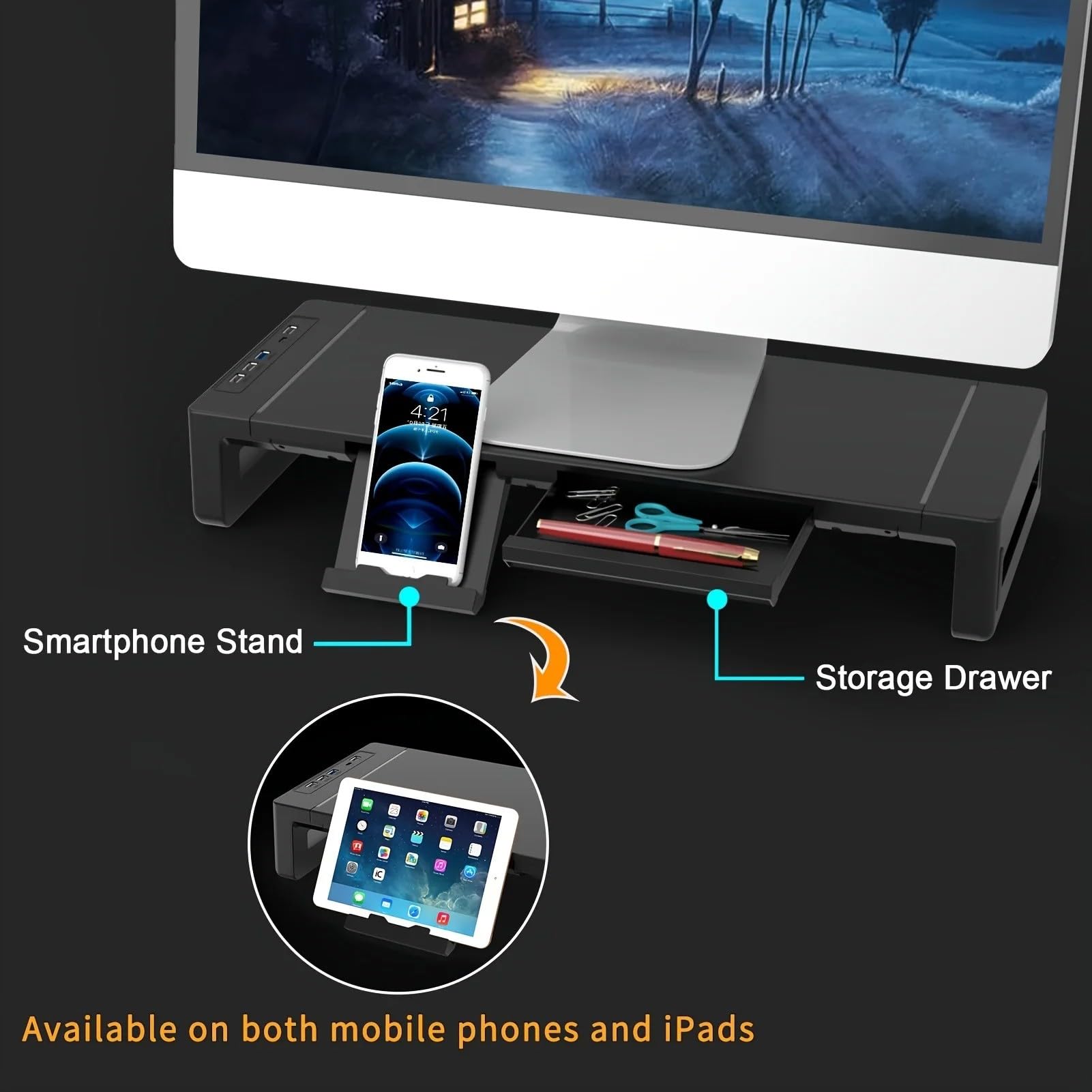 Rialzo for monitor pieghevole e regolabile in altezza con cassetto | Supporto da scrivania dotato di cassetto portaoggetti e porta gadget for un utilizzo ergonomico(Iron Platform)