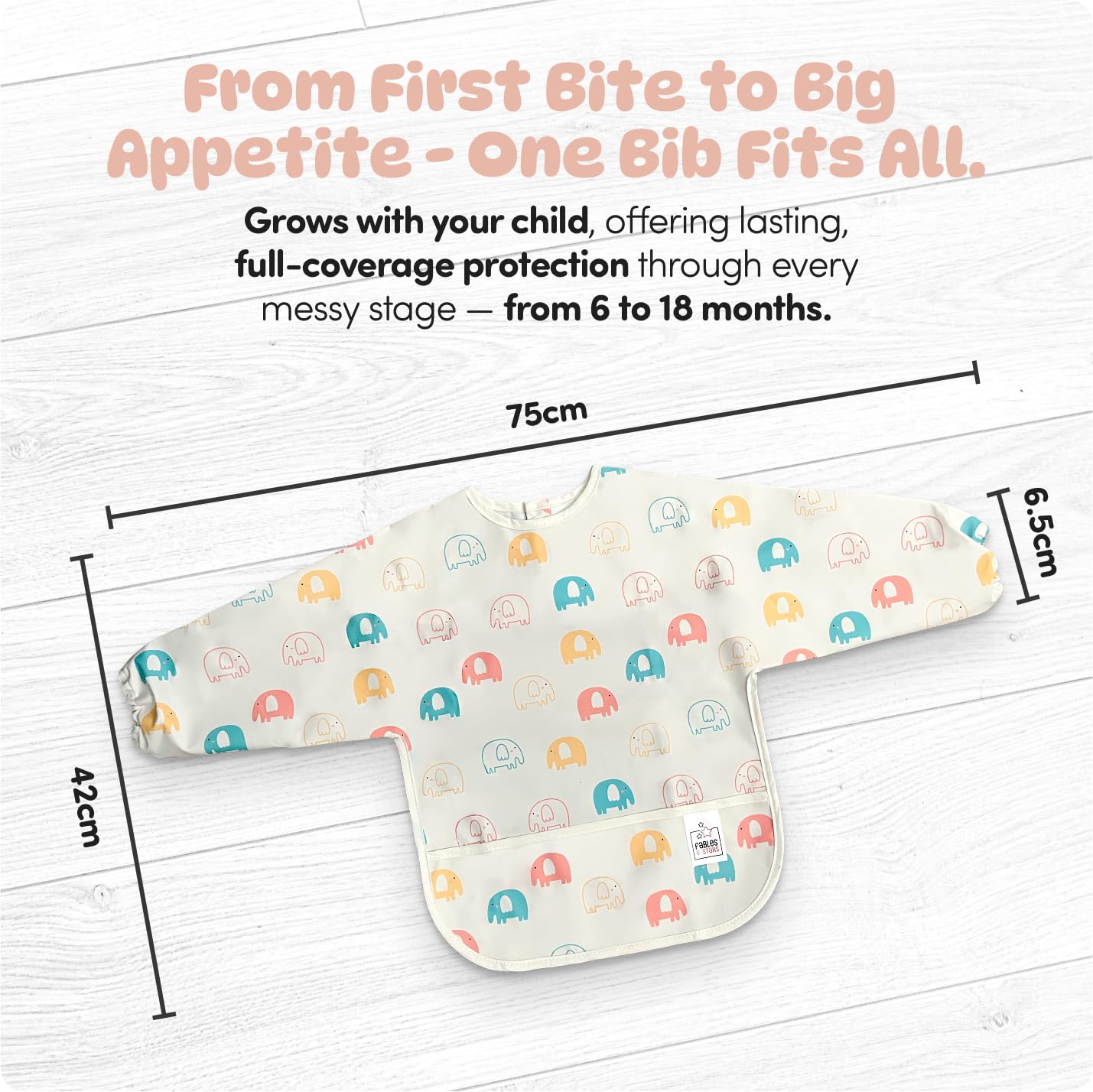 Fables & Stars Baby Weaning Bib with Sleeves, Coverall Bibs for Baby Feeding Waterproof and Easy to Clean & Machine Washable (Cream) - Image 2