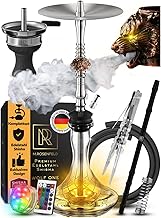 M. ROSENFELD Complete Hookah Set - Stainless Steel with Unique Air Flow Thanks to 3 Noble Copper Wolf Heads - Quality Accessories + LED Light Coaster (Nero)