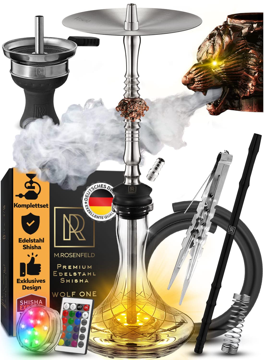 M. ROSENFELD Juego completo de cachimba – Acero inoxidable con flujo de aire único gracias a 3 nobles cabezas de lobo de cobre – Accesorios de calidad + posavasos de luz LED (Nero)