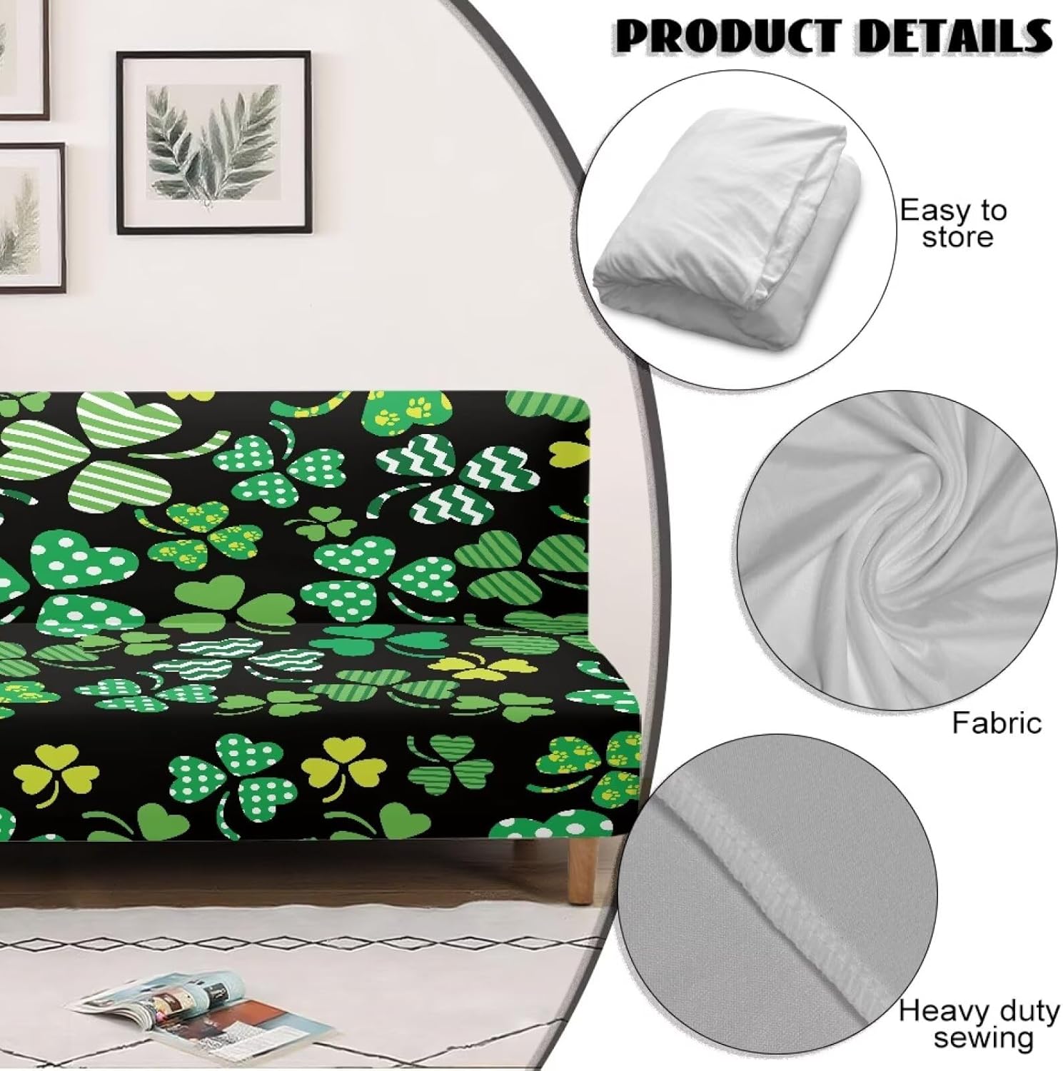 Non Slip Futon Protector Cover Armless Sofa Couch Bed Slipcovers with Elastic Bands Furniture Protector St Patrick's Day Green Leaf