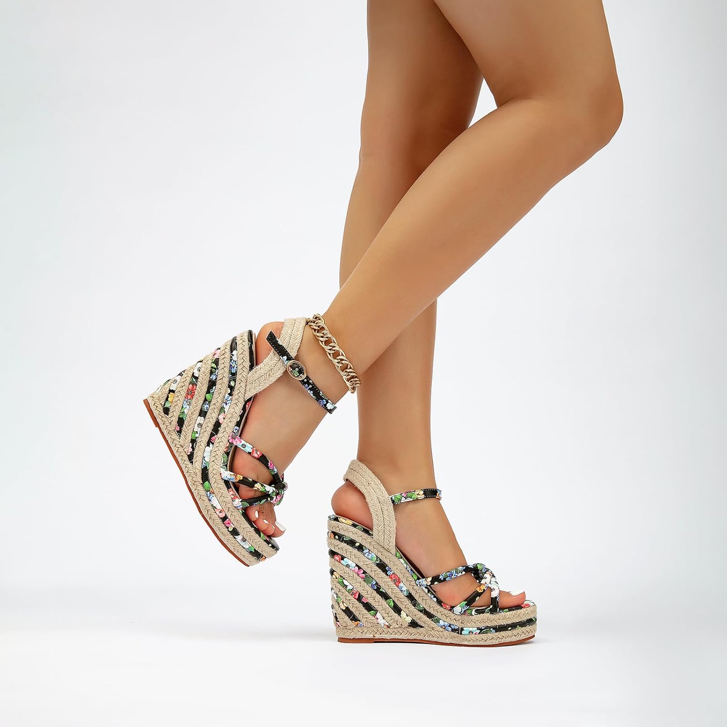 getmorebeauty Women's Espadrille Wedge Sandals Flower Pattern Ankle Strap Open Toe Platform High Heel Sandals Dress Shoes - Image 6