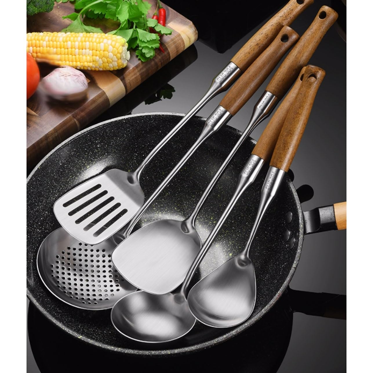 Kochutensilien aus Edelstahl, Kochlöffel, Spatel, Küchen-Kochgeschirr, Backgeschirr, Gadgets, Werkzeuge, 5-teiliges Set