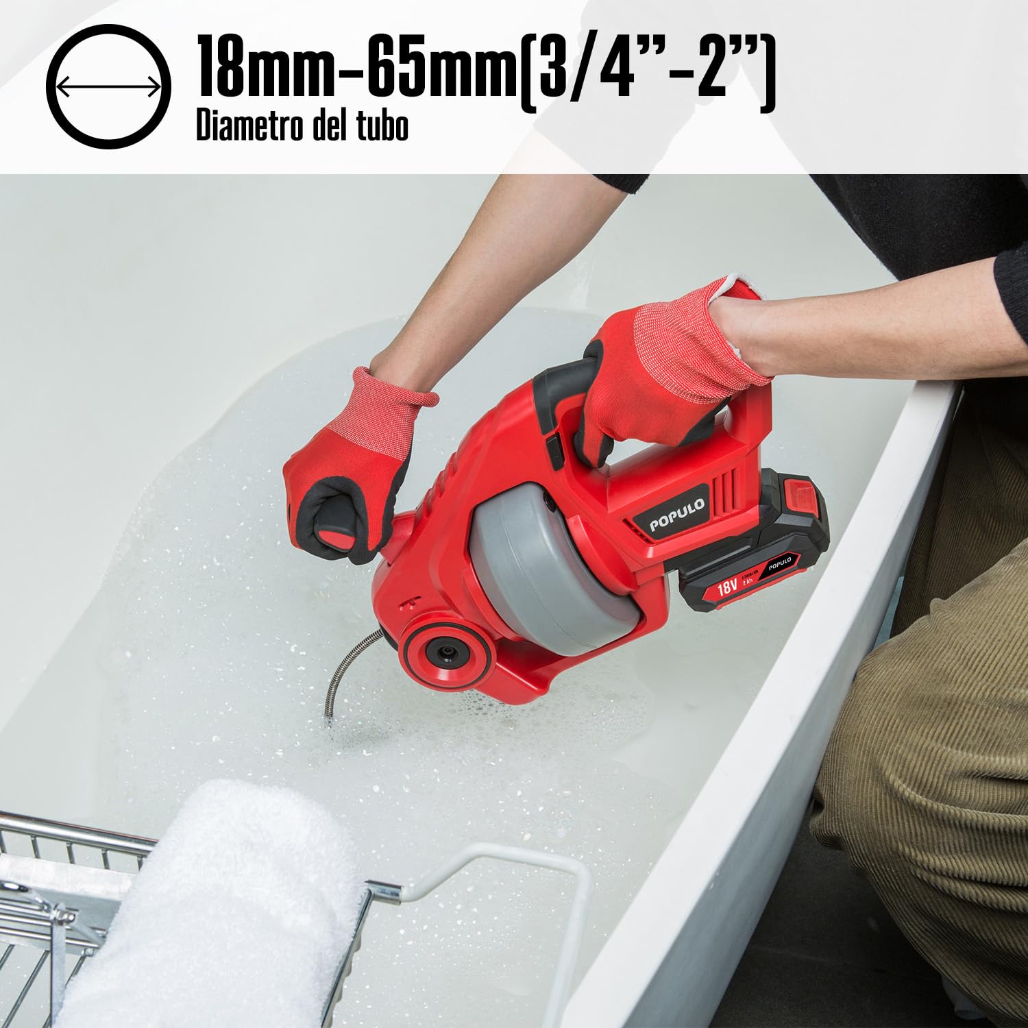 POPULO 18V(20V Max) Trivella di scarico elettrica, 25Ft Utensili per la rimozione di zoccoli di scarico a serpente per impianti idraulici, Pulitore di scarico senza fili per WC, fogna, bagno