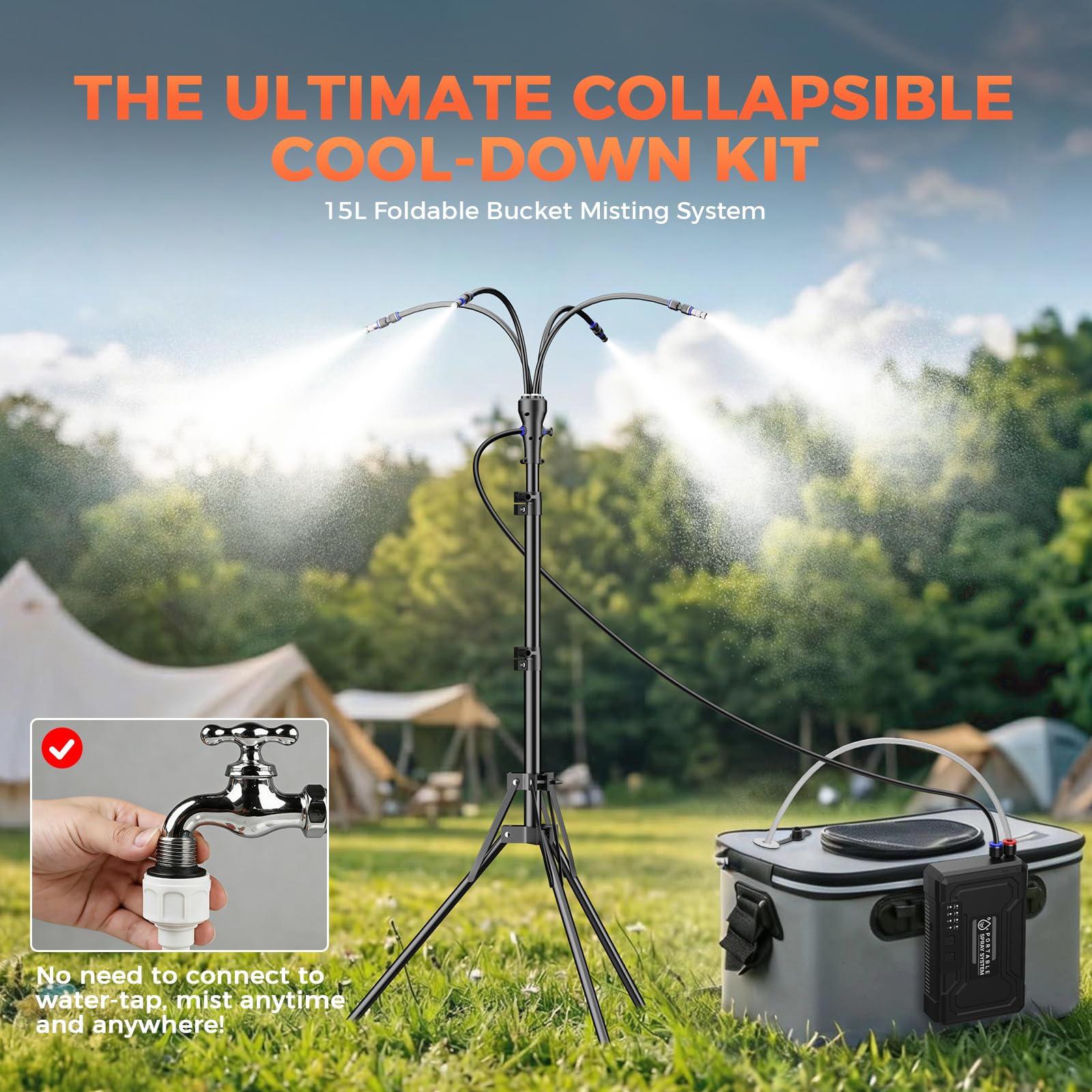 Système de brumisation portable avec seau de 15 L, brumisateur sur pied alimenté par batterie 10 000 mAh pour terrasse extérieure, hauteur réglable 1,28 m, ensemble de refroidissement par eau sans fil