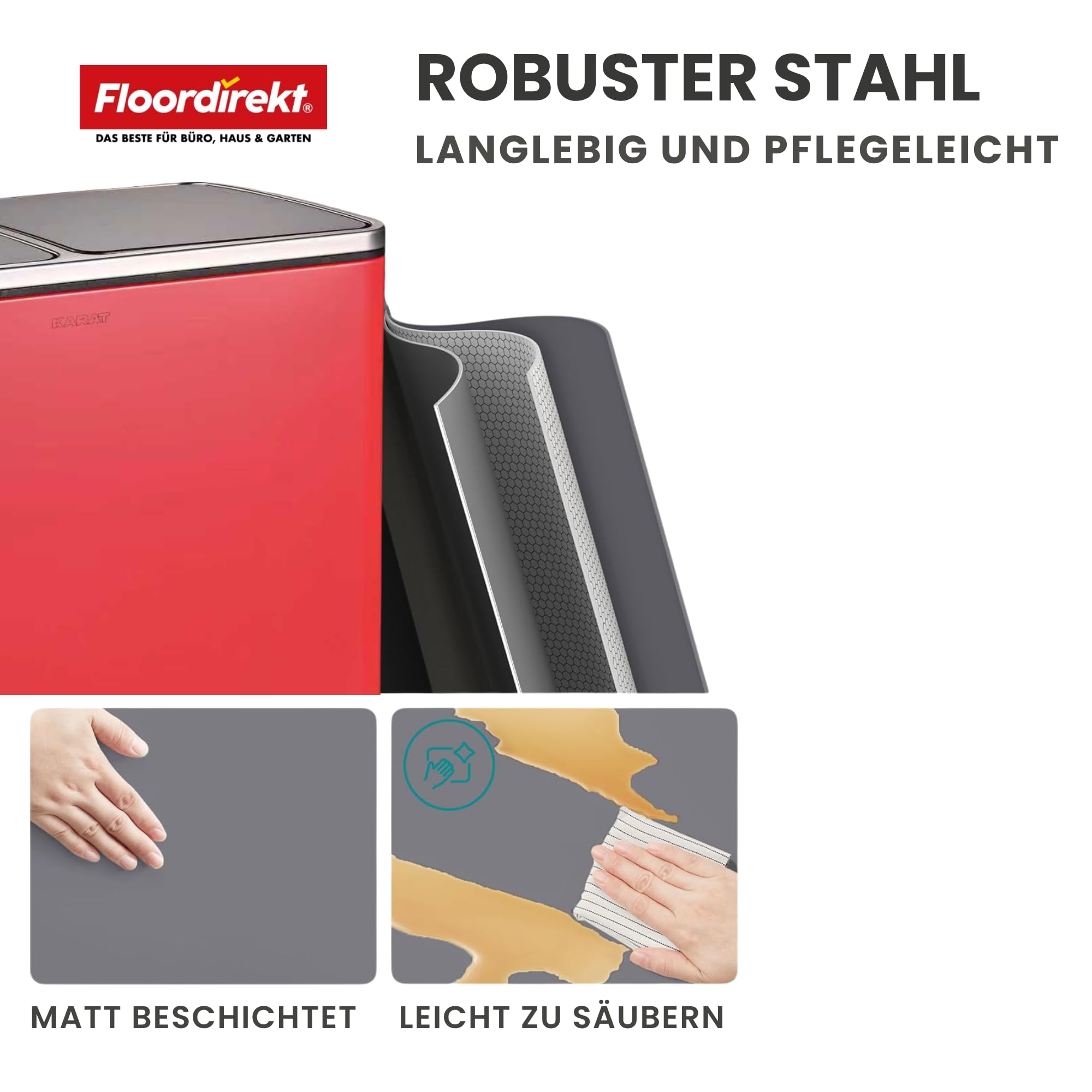 Floordirekt Mülleimer Küche 2×15L Rot | 2-Fach Mülltrennsystem, Treteimer Küche, Metall, Soft-Close, luftdicht, Kunststoff-Inneneimer, Klappdeckel – (Felix)