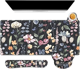 ARTSO Desk Mat, Large Gaming Mouse Pad Wrist Support Set, Ergonomic Keyboard Wrist Rest Desk Pad with Coaster Combo, Extended Mousepad with Non-Slip for Home Office, Flowers Plants