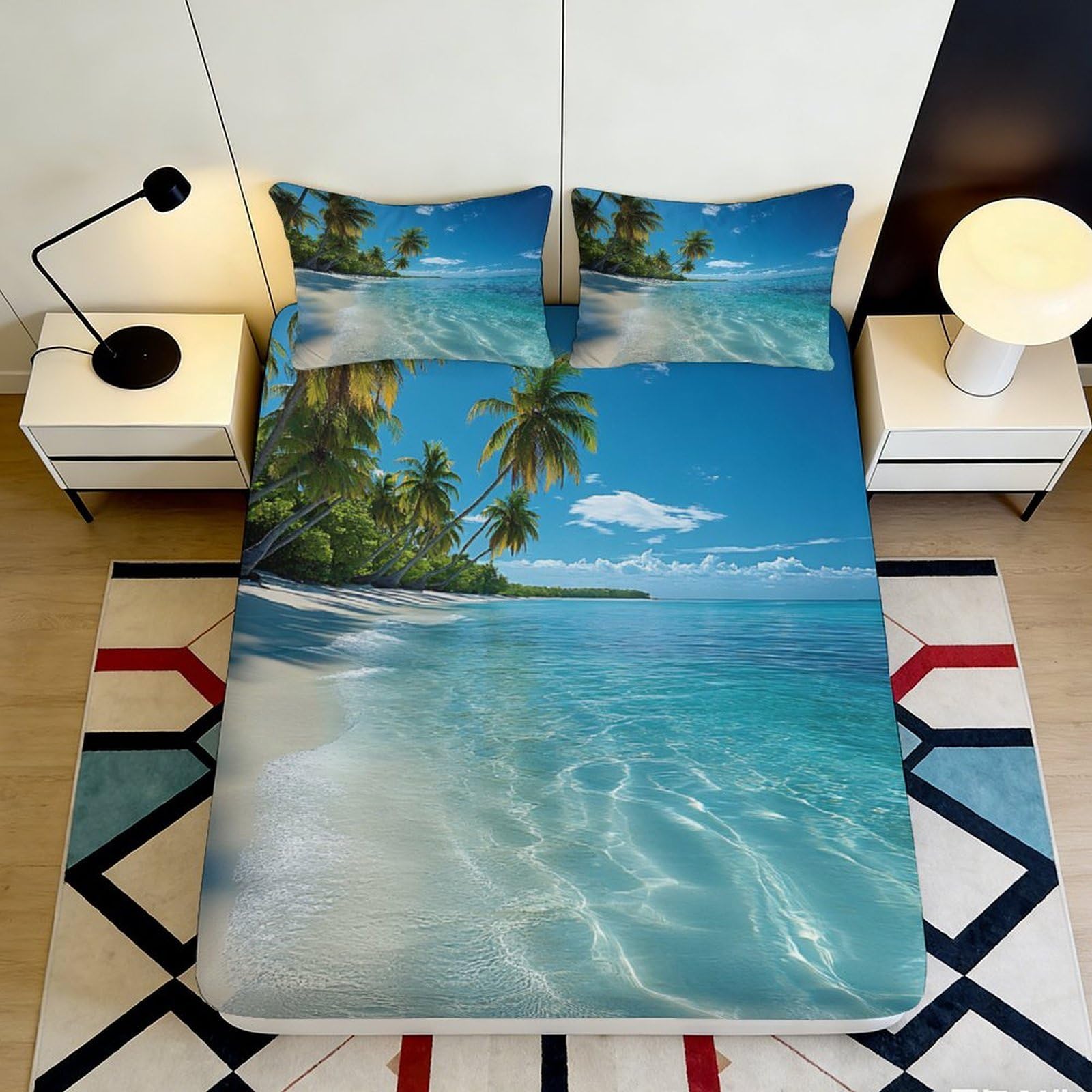3D Printed Tropical Beach Fitted Sheet Microfiber Soft Blue Ocean Palm Tree Mattress Cover for Bedroom Guest Room Decor 90x200x25cm