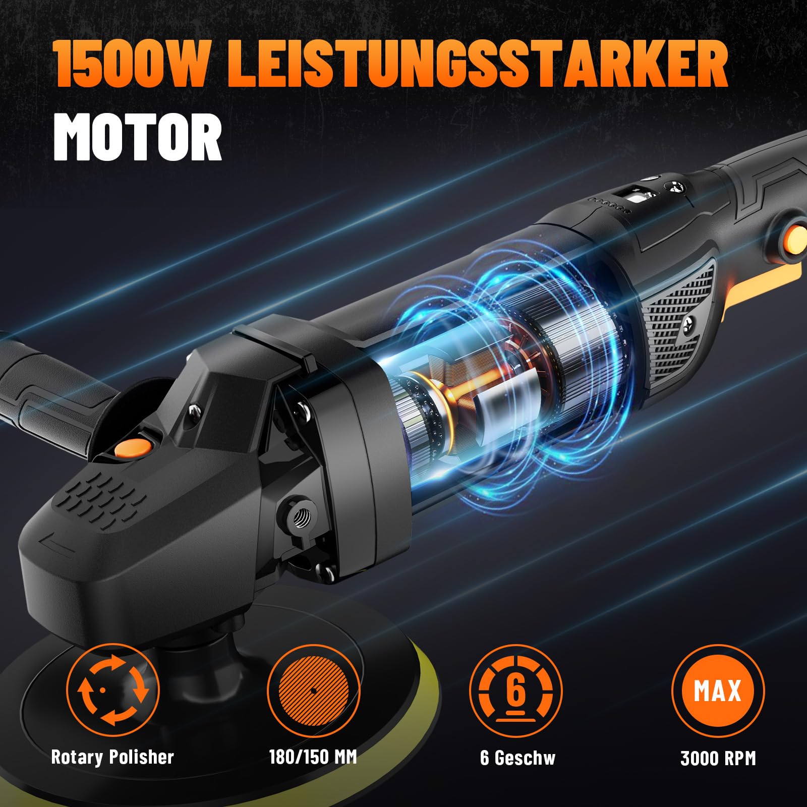 PLS03A Auto Poliermaschine 1500W, Rotationspolierer 180/150 mm, 6 Variable Geschwindigkeiten (600–3000 U/min), Abnehmbarer Griff, Polier Set für Lackaufbereitung, Polieren & Wachsen