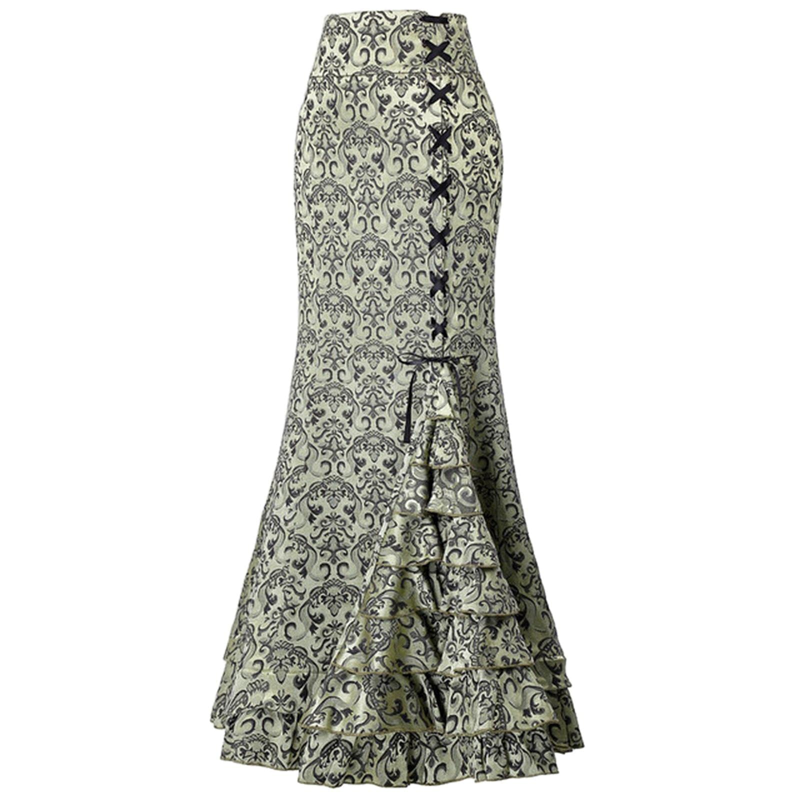 Falda larga para mujer, con estampado floral, falda de cosplay, vestido largo vintage, disfraces elegantes de playa, cintura alta, medias faldas de fiesta, verde, 36