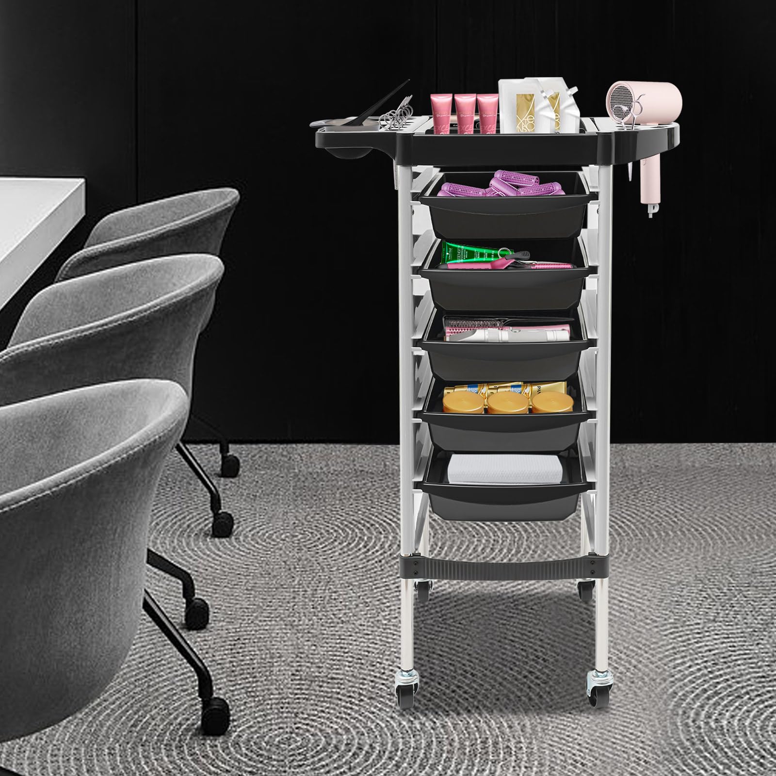 Carrello con Ruote Carrello per Parrucchiere Carrello da Lavoro a 6 Livelli Carrello per Cosmetici con 5 Cassetti Carrello per Salone di Bellezza 52,5 x 36 x 85,5 cm (Argento)
