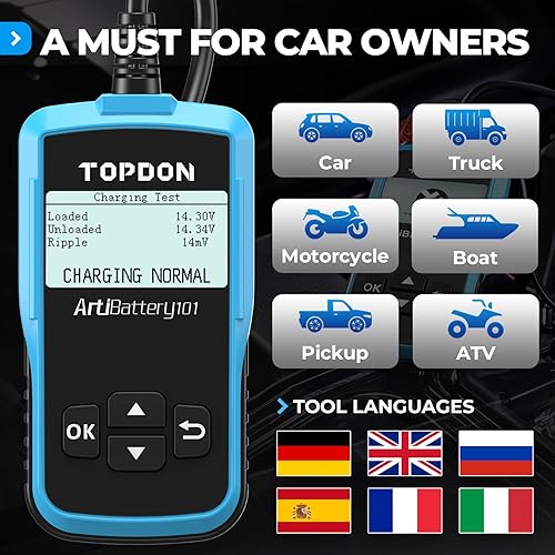 Miniatura 5 de TOPDON AB101 Probador de Batería de Coche 12V Probador de Carga de Batería de Coche en Sistemas de Arranque y Carga, Analizador de Alternador