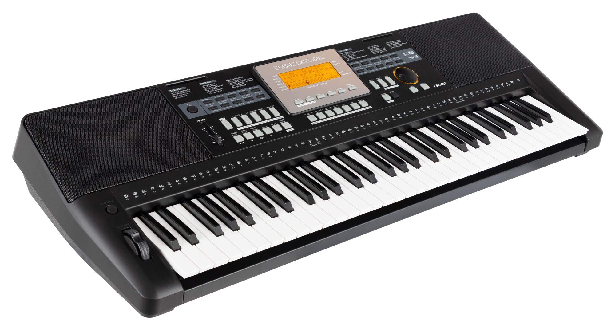 Classic Cantabile CPK-403 Keyboard - 61 Tasten mit Anschlagdynamik - 618 Klänge und 200 Begleitrhythmen - Anschlüsse für Kopfhörer, Sustain-Pedal, AUX In/Out und Mikrofon - schwarz