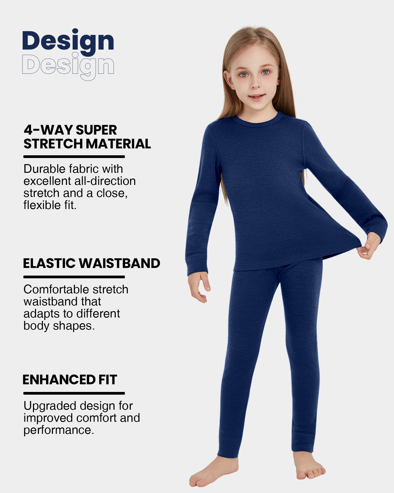 Ropa interior térmica infantil unisex, 100% lana merino, juego para niños y niñas, ropa interior de esquí de invierno, cálida y cómoda, 260 Navy, 7-8