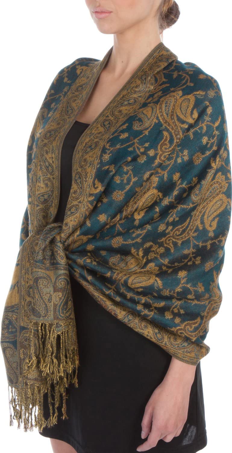 Sakkas Women's Teal Soft Silky Double Layer Jacquard Paisley Pashmina Shawl/Wrap/Scarf