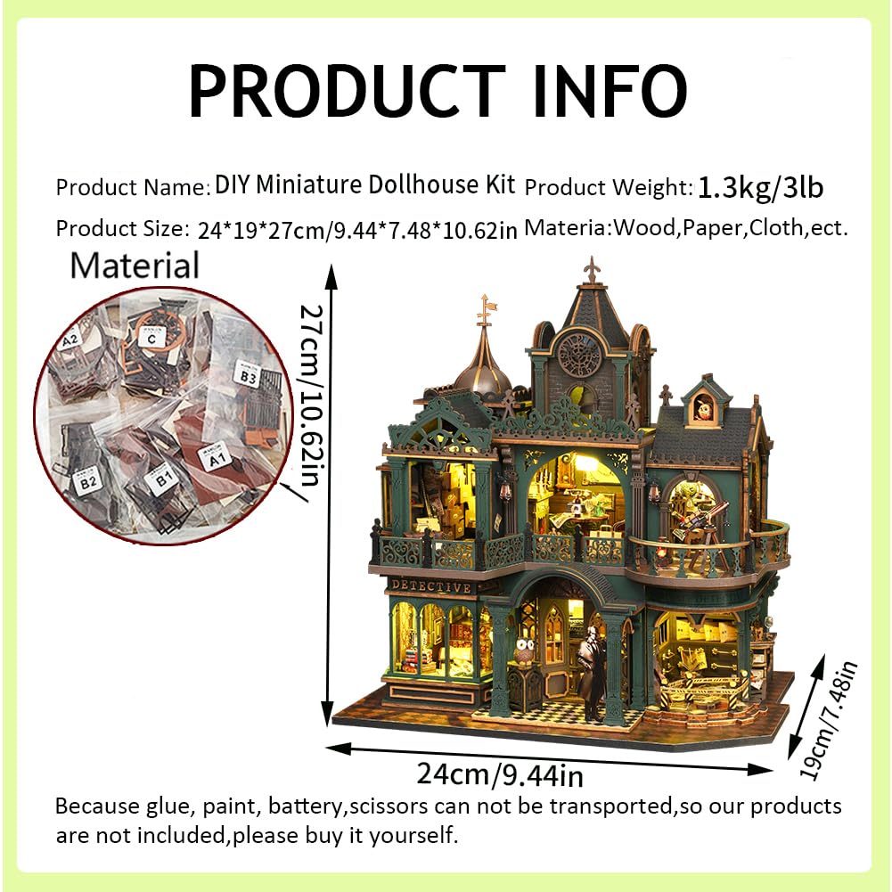 Kit de casa de muñecas de detective en miniatura, rompecabezas 3D de madera con luces LED, caja de música, estilo victoriano, idea creativa de habitación, el mejor regalo (con cubierta antipolvo)
