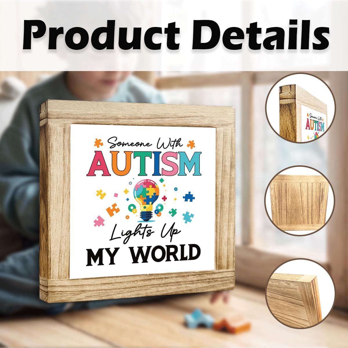 Wood Sign Someone With Autism Lights Up My World Signs Handmade Solid Wooden Plaque Autism Awareness Signs ASD Acceptance Decor Rustic Wood Sign For Home Desk Or Wall ASD Support Gift 5.9x5.9 Inch - Image 2