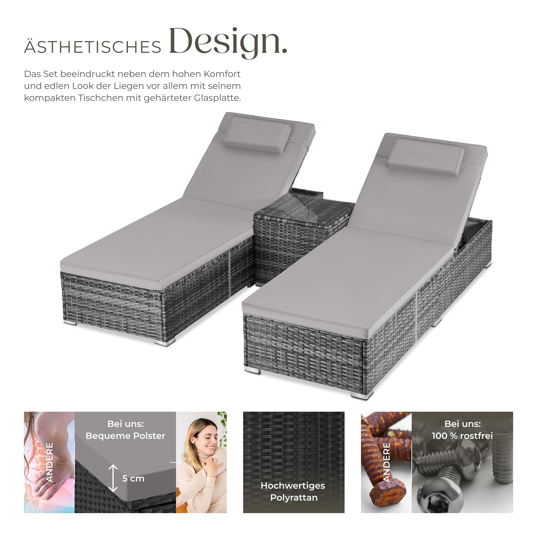 TecTake® Doppelliege für 2 Personen, 6-Fach verstellbare Rückenlehne, inkl. Tisch, wetterfest, 200 kg belastbar, Doppelsitzliege Garten, Sonnenliegen für Zwei, Gartenmöbel Rattan - grau