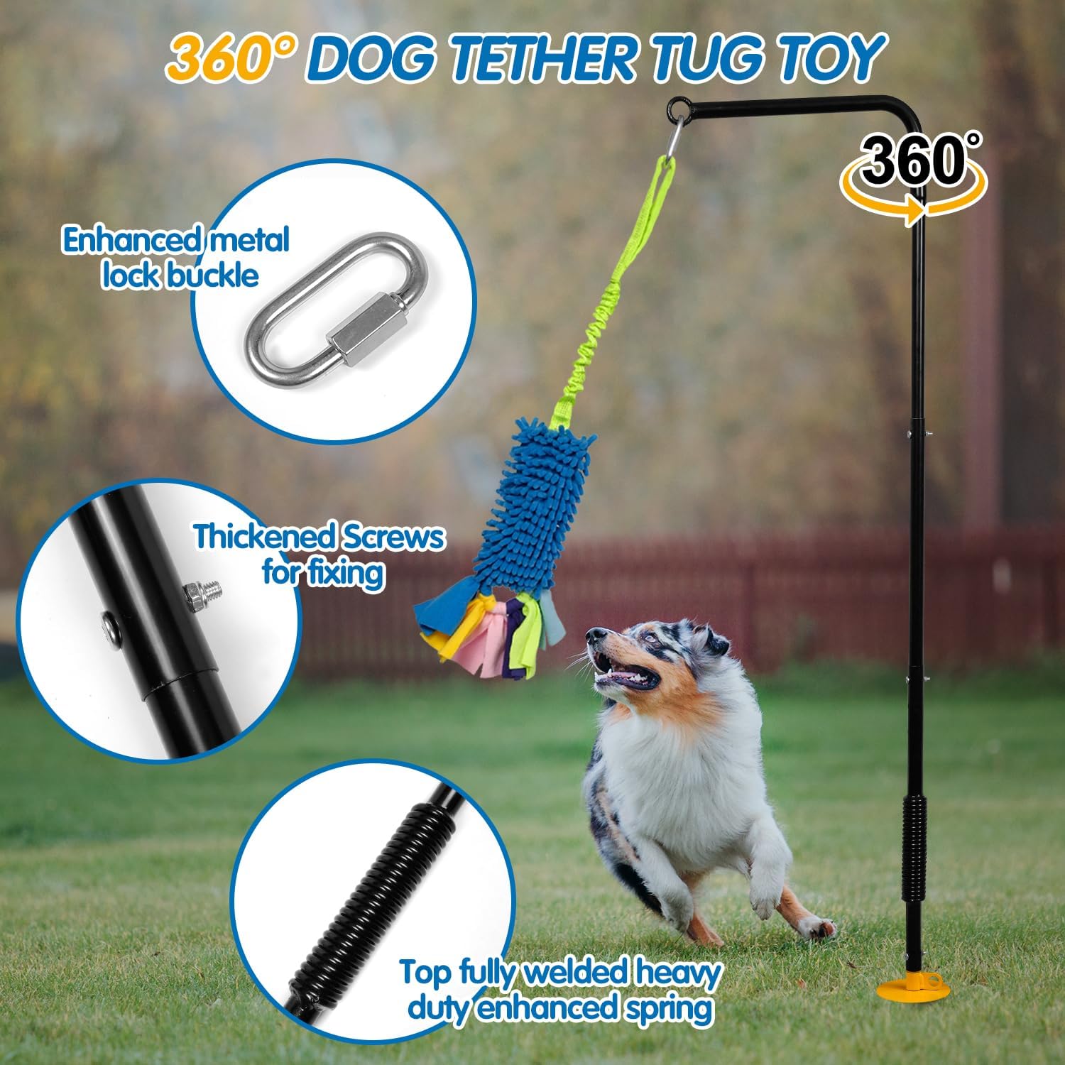 Heavy Duty Dog Spring Pole with Screw-In Ground Anchor & 360° Swivel, Adjustable Height 30-49", Durable Outdoor Tug Toy System with Bungee Squeak Rope for Large & High Energy Dogs Training