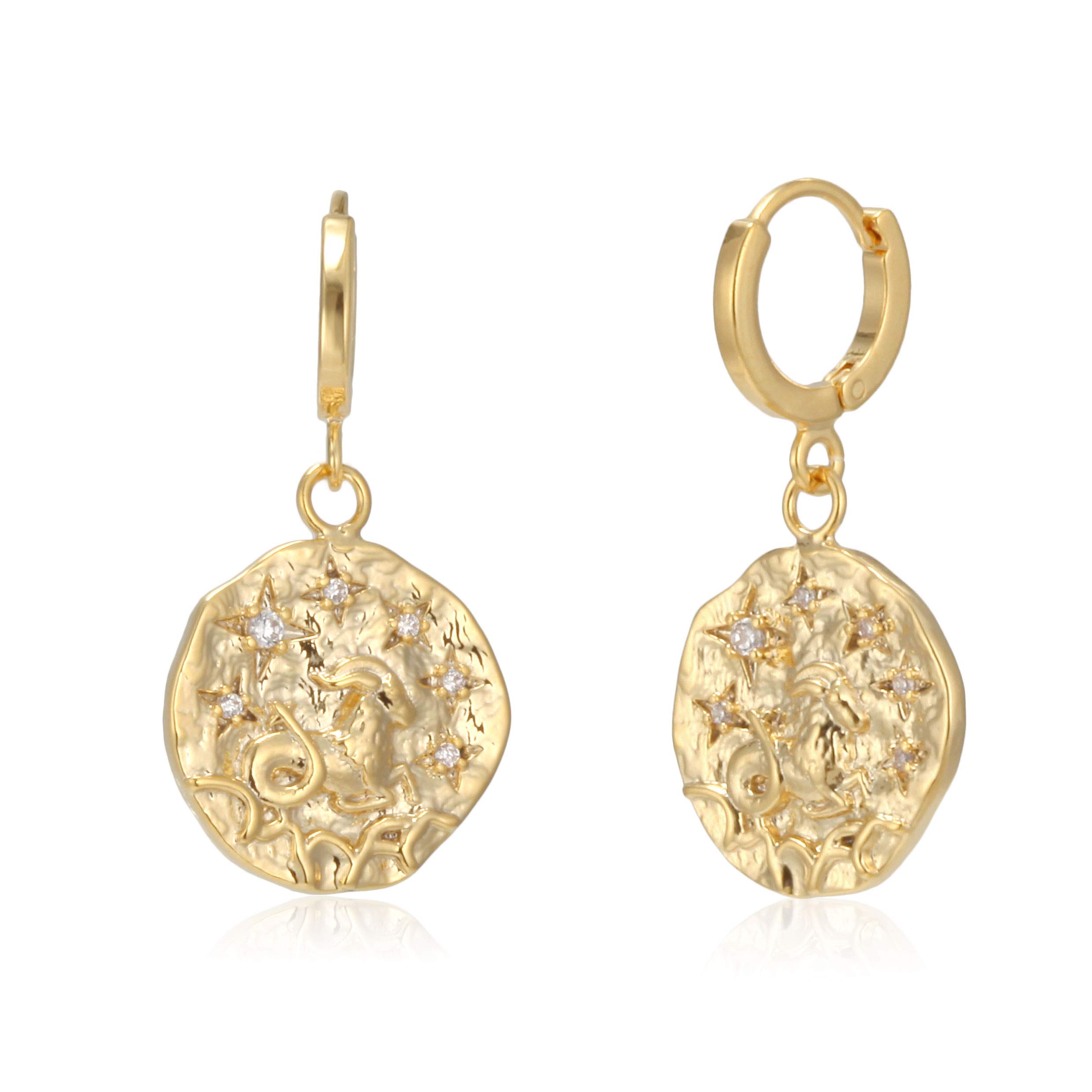 MUSTHAVEConstellation Zodiac Huggie Hoop Earrings for Women Girls 18K Gold Plated Astrology CZ Coin Gift
