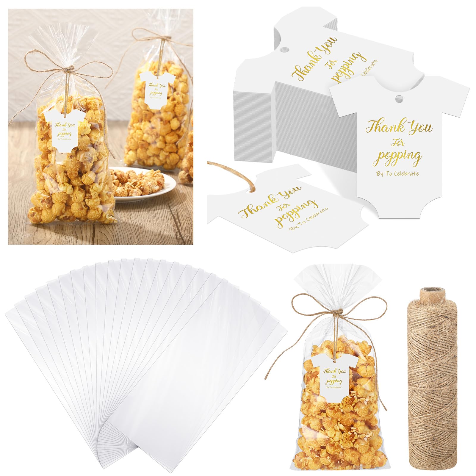Motiskyy Zestaw 100 papierowych zawieszek z podziękowaniami na baby shower, 4 x 6 cm, dziękuję za przywieszki z jutowym sznurkiem na popcorn, torby na smakołyki na baby shower, przyjęcie urodzinowe