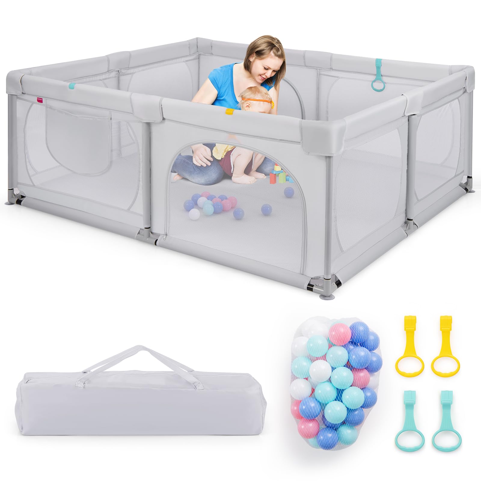 RELAX4LIFE Recinto Bambini con Base a Ventosa,Box Giochi, 4 Anelli e 50 Palline, 2 Entrate Laterali, Tasca Portaoggetti e Borsa Trasporto, Rete Traspirante (Grigio Chiaro, 189 x 158 cm)