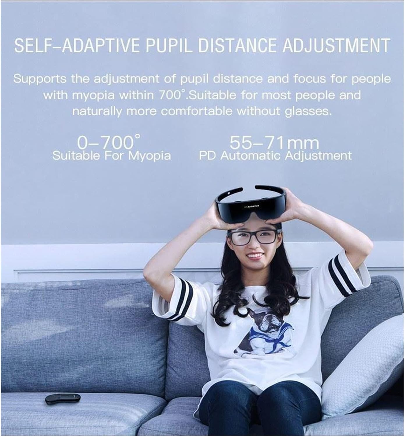 Woman wearing VR glasses with text 'SELF-ADAPTIVE PUPIL DISTANCE ADJUSTMENT'