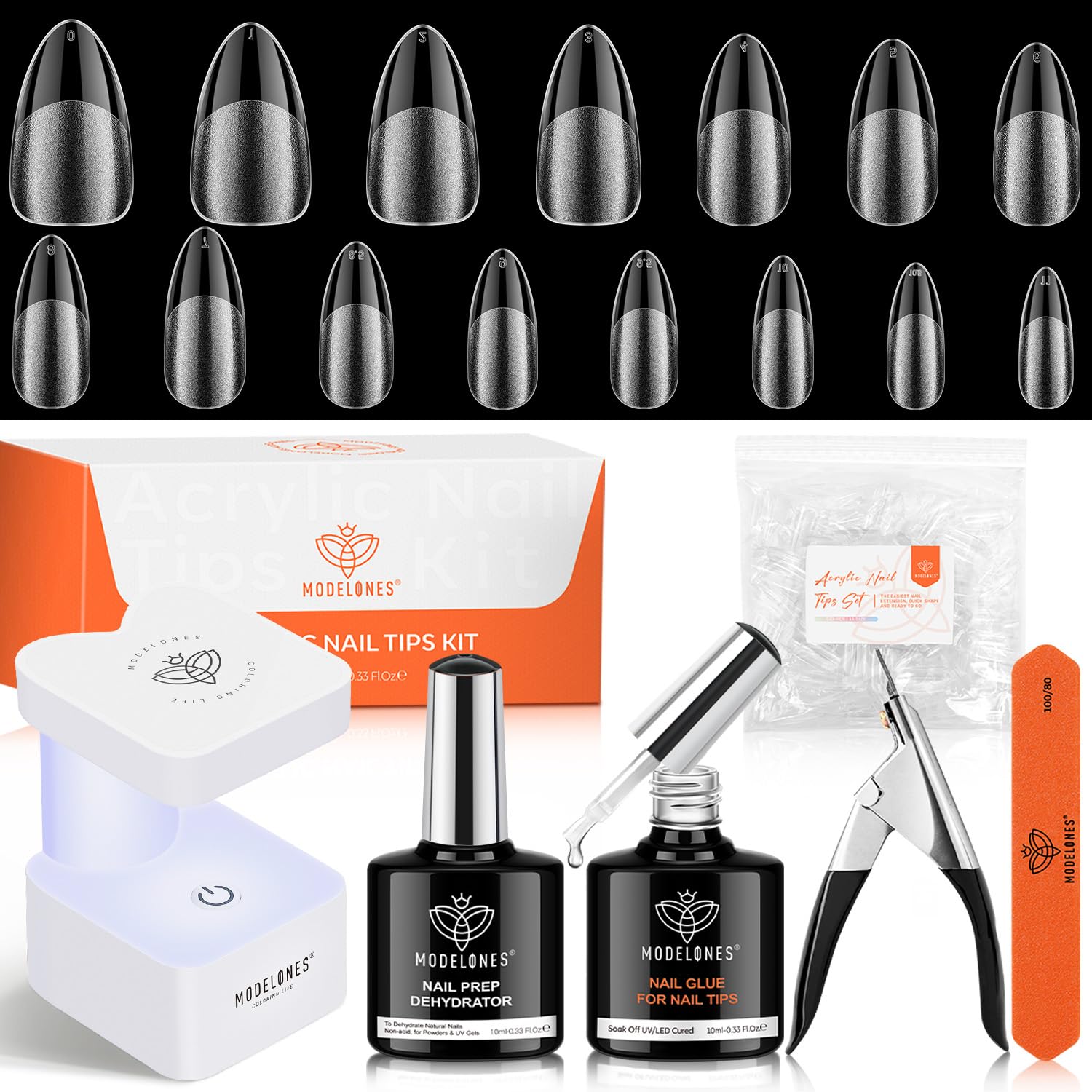 modelonesGel Nail Kit Almond, Upgrade 15Sizes Fake Nails, 9-in-One Glue Dehydrator & Mini U V Light Clipper, 510Pcs Medium Almond Press on Tips for Extension DIY Salon Home Gift
