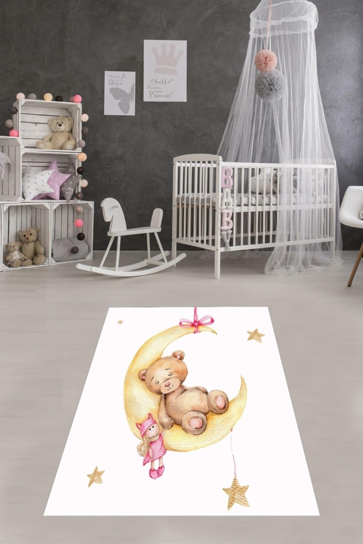 Pelangi Ayda Sallanan Ayıcık Desen Renkli Dijital Baskı Yıkanabilir Kaymaz Taban Bebek Ve Çocuk Odası Halısı, Beyaz-Bal 180 x 280