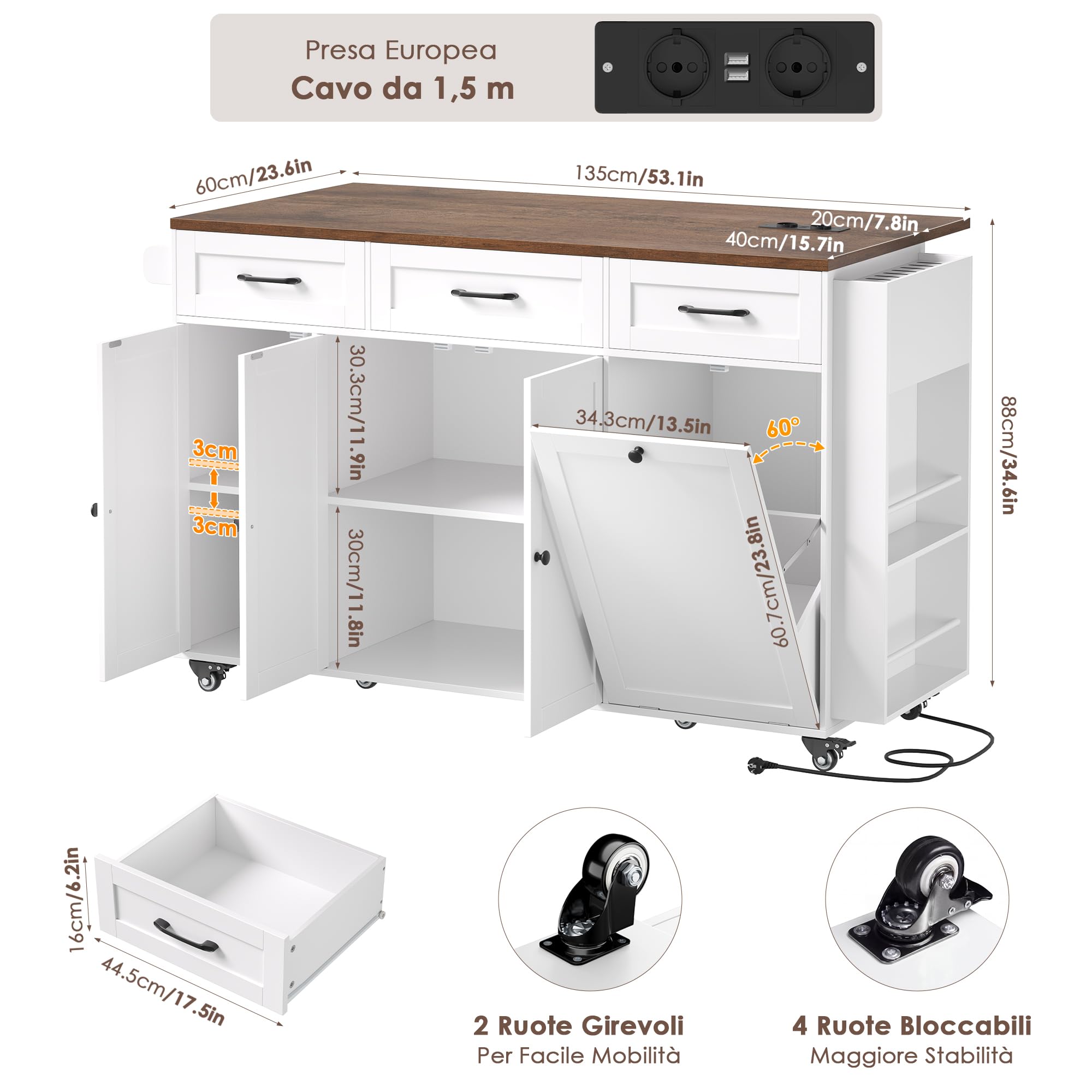 FirFurd Isola Cucina con Presa Integrata e Ruote, Carrello Cucina con Piano di Lavoro Pieghevole e Portacoltelli, Penisola Cucina con Spazio per Bidone, 135x60x88cm, Senza Bidone, Bianco