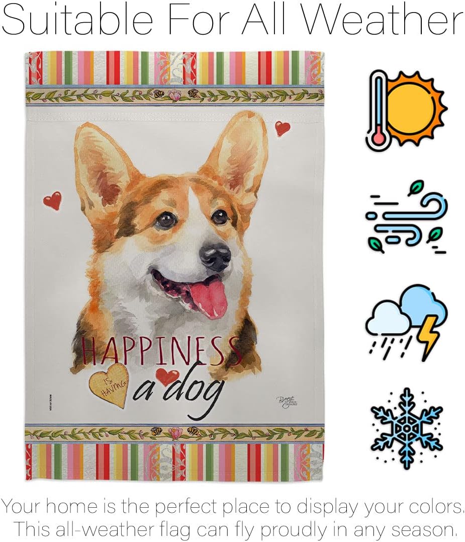 Breeze Decor Pembroke Welsh Corgi Happiness Garden House Flag-Kit Dog Puppy Spoiled Paw Canine Fur Pet Nature Farm Animal Creature Decoration Banner Small Yard Gift Double-Sided, Made in USA