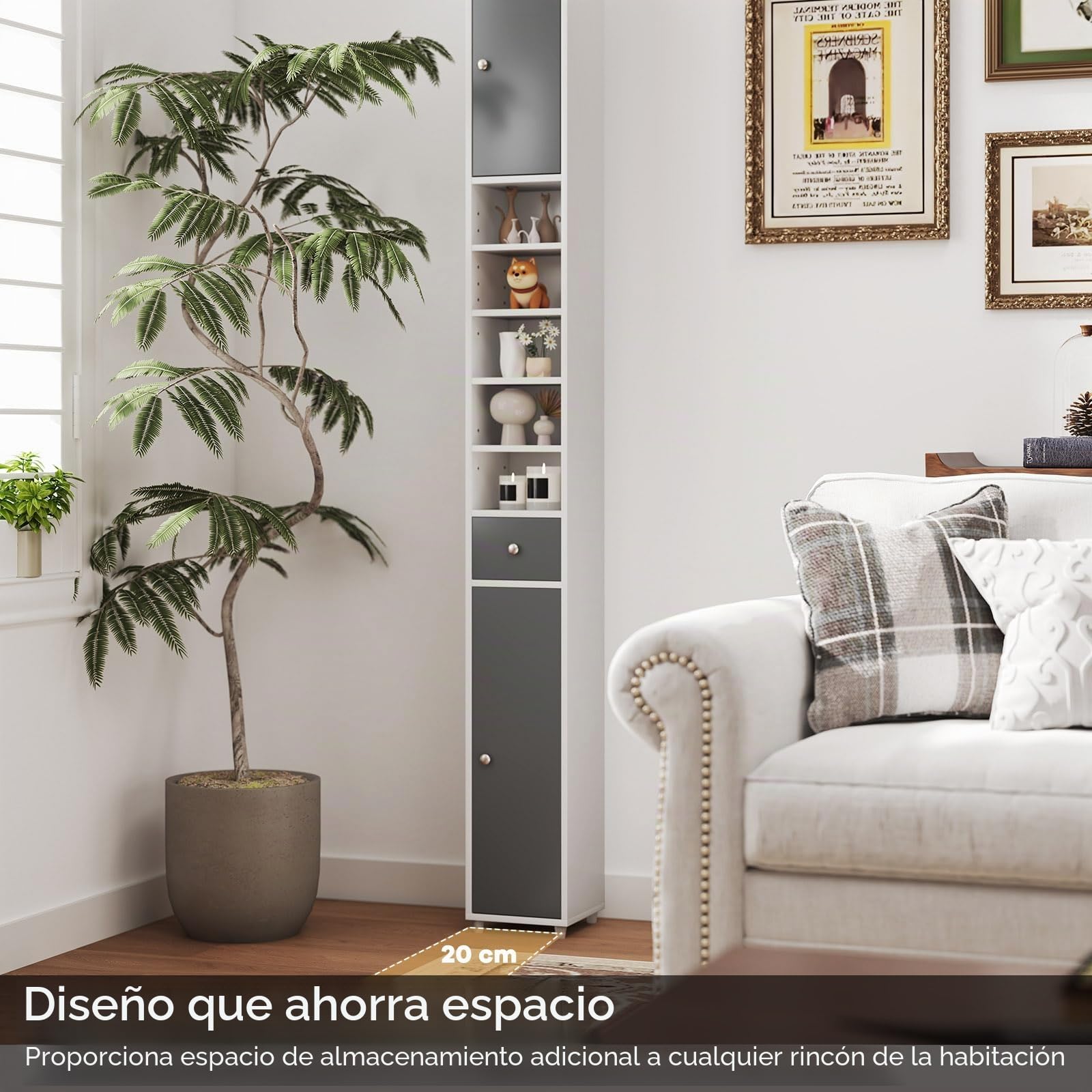 LIFEZEAL Columna de Baño de Madera Que Ahorra Espacio, Mueble Multiusos con 2 Puertas y 1 Cajón y 5 Estantes Ajustables, 20 x 20 x 180 cm, Armario Esquinero de Suelo con Dispositivo Antibalanceo
