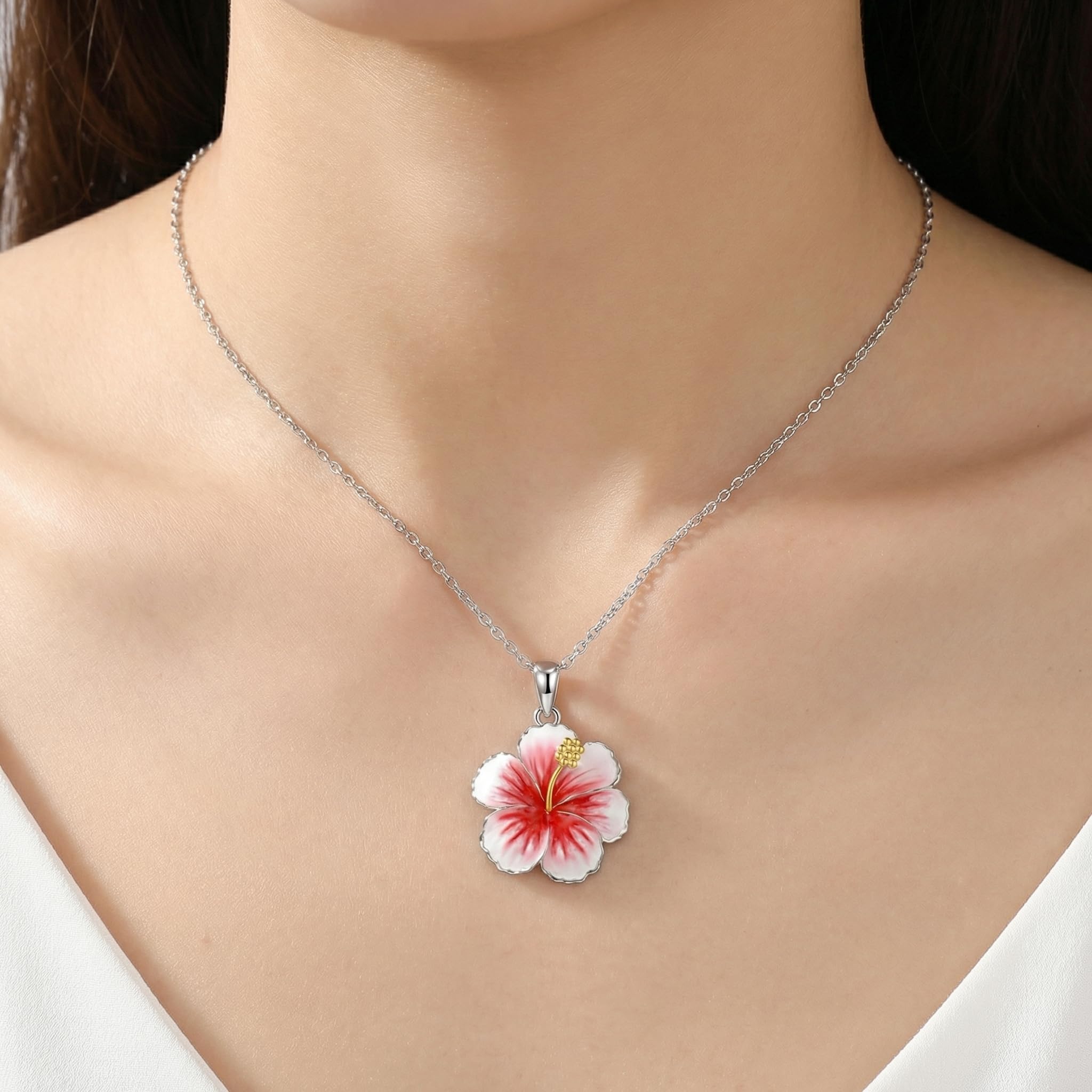 Hibiskus Halskette 925 Sterlingsilber Hibiskus Blüten Anhänger Kette Halskette Hawaiianischer Schmuck für Damen Mutter