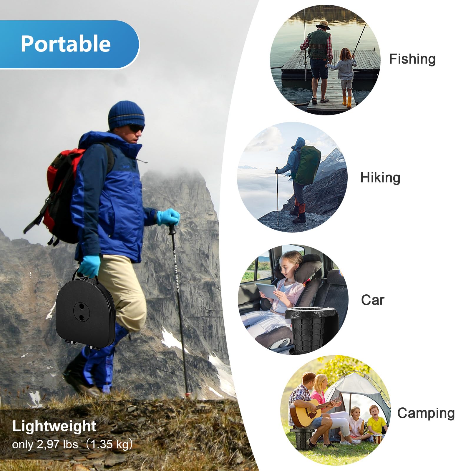 imodomio Camping Portable Toilet for Adults Portable Toilet Comes with 10 Bin Bags and is Ideal for Camping, Hiking, Fishing and Parties. Load Capacity up to 180 kg (Noire, S)