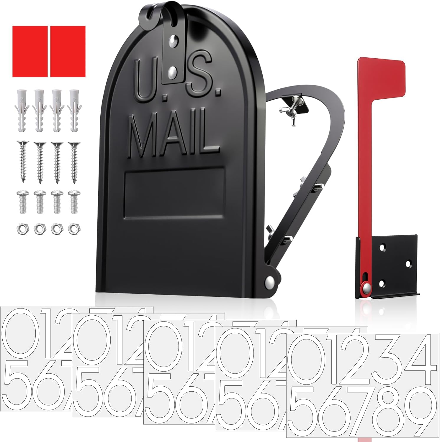 Moxweyeni 6 1/4 Inch by 8 Inch Mailbox Door Replacement with Mailbox Flag,Number Stickers- Black Steel Door for Screw-in Brick Postbox Insert Repair Kit, No-Drill, Weatherproof Design