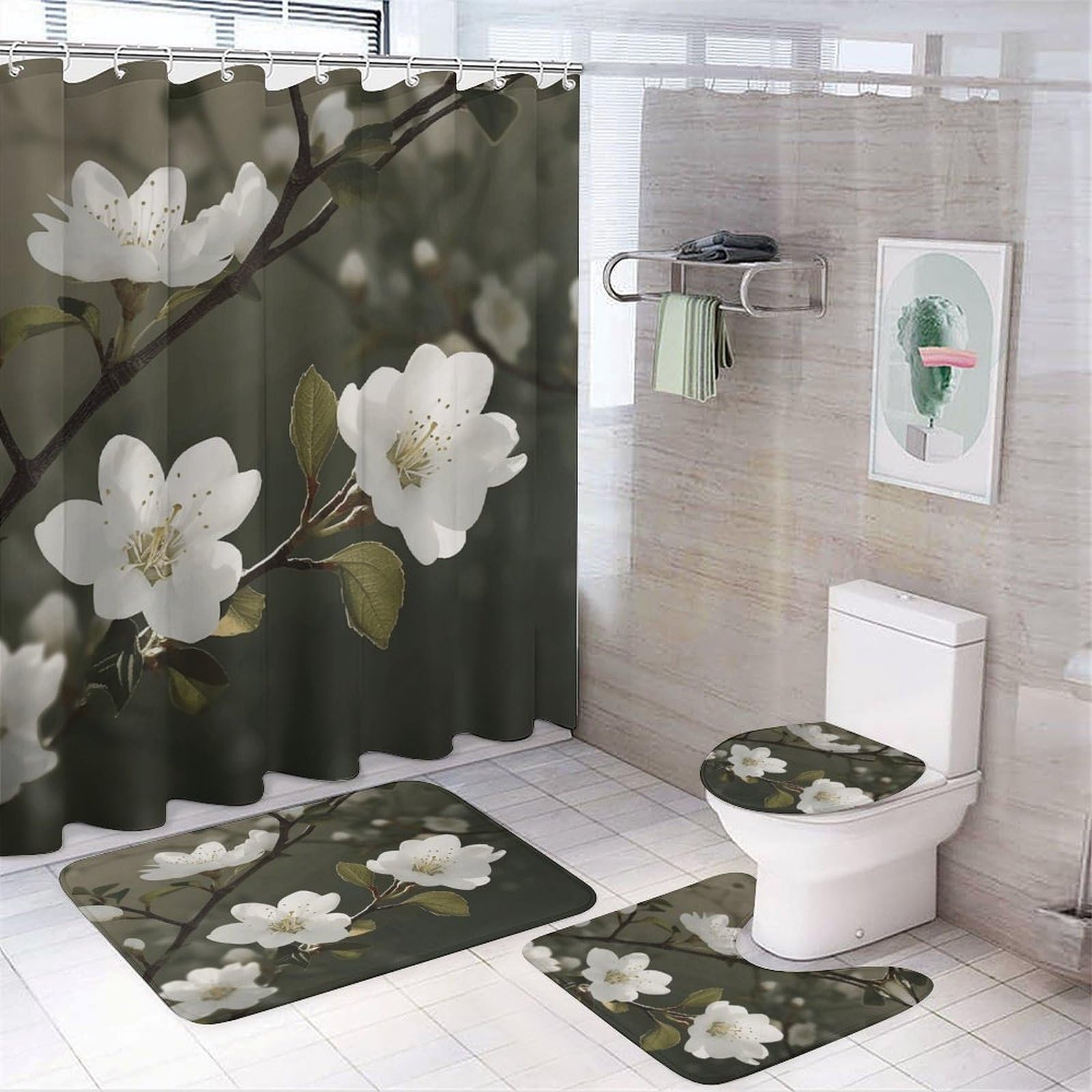 Ensemble de salle de bain 4 pièces avec rideau de douche et tapis Motif fleurs blanches