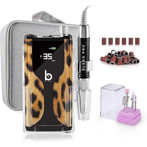 Blend - Pro 35000RPM Rechargeable Nail Drill, Professional Brushless Motor - 10 Hours Battery Life - Cordless - Smooth - Quiet - Digital Display - Acrylic Tools (Leopard Print)