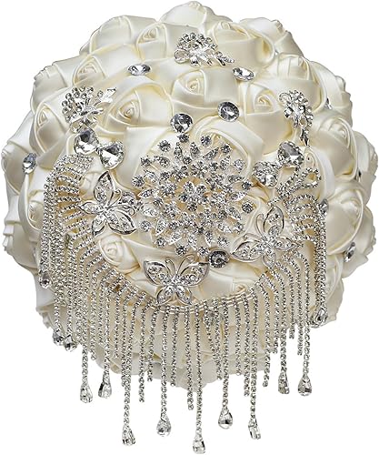 Miniatura 5 de Gkvszy Broche de novia con perlas de diamantes de imitación dorados brillantes para novia, dama de honor, quinceañera, ramo de rosas satinadas, ramo