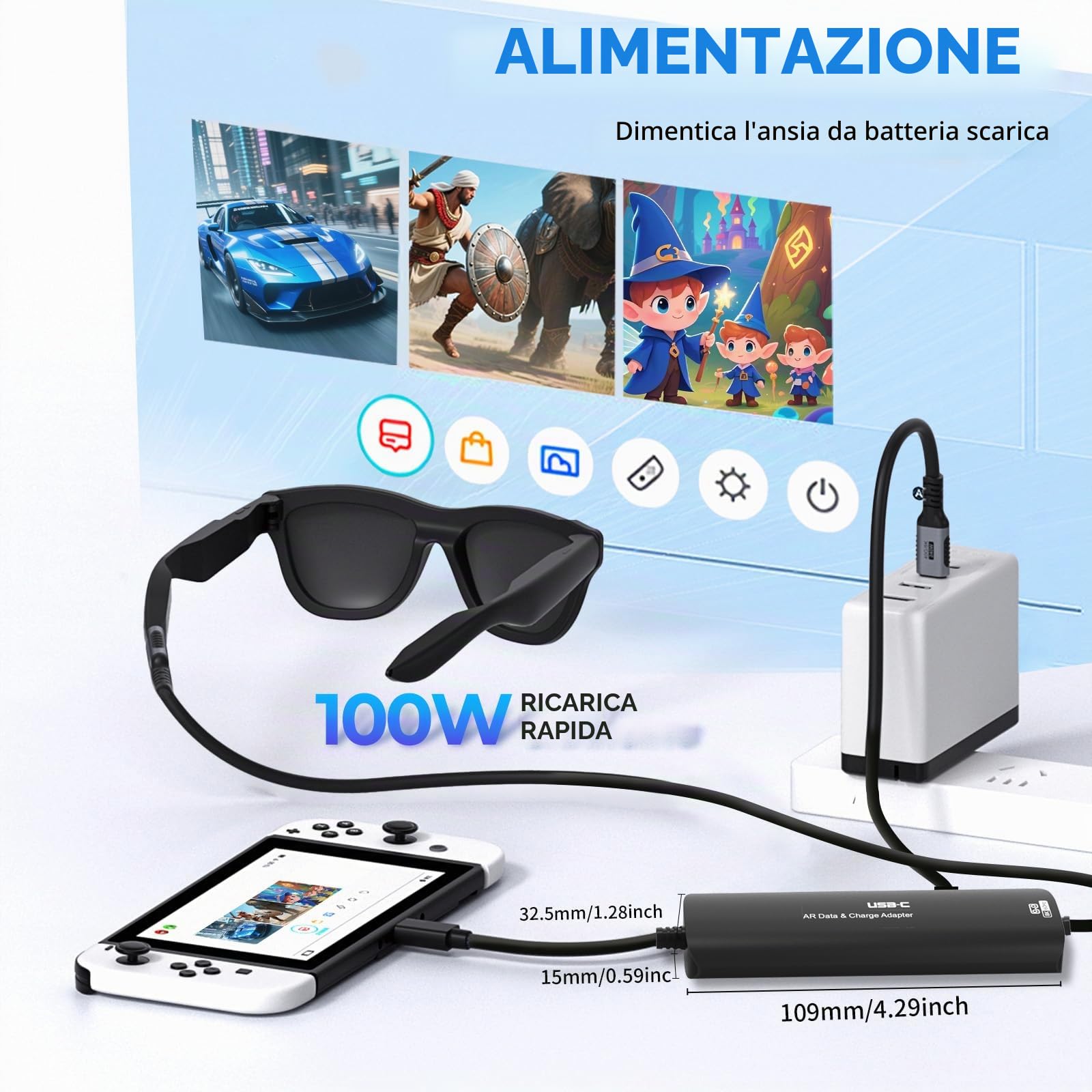 Guermok Adattatore 5-in-1 da Usb-C a occhiali AR, ricarica rapida 100W PD, video 8K@60Hz, porte Usb-C - per X-real Air/2 Pro/One, RayNeo Air, Rokid, Switch, Steam, Phone 15/16, Nero