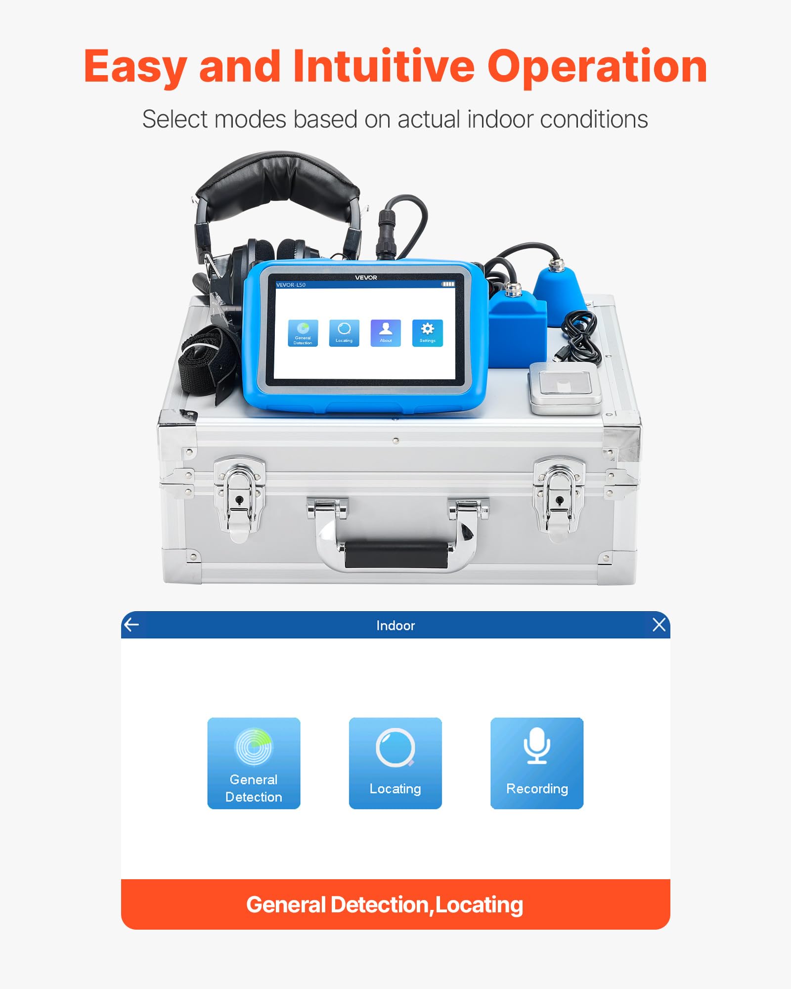 VEVOR Rohr-Wasserleckdetektor, 1 Hz–10000 Hz, 7-Zoll-Touchscreen, Ortungsgerät für Wasserlecks in Rohrleitungen mit horizontalen & vertikalen Sensoren, Kopfhörer, 8 GB SD-Karte & Tragetasche
