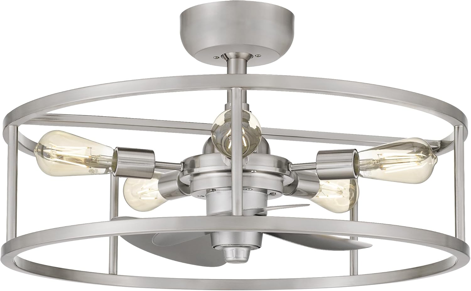 Quoizel New Harbor 5-Light Brushed Nickel Fandelier, Transitional Ceiling Fan with Light, Vintage-Inspired Open Cage Design Flush Mount Ceiling Light, Dimmable LED Bulbs, Remote Included