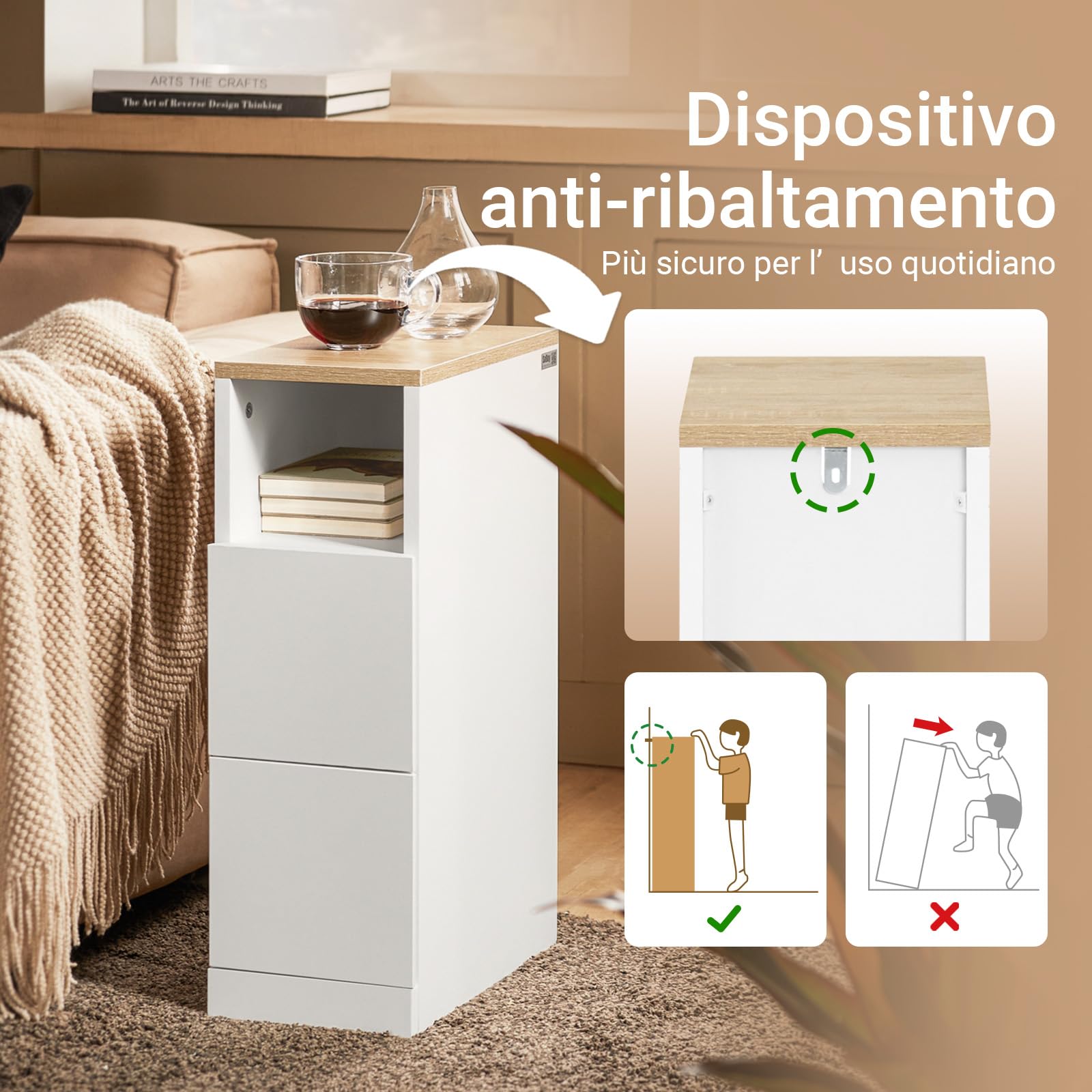 SoBuy comodino camera da letto stretto 20 cm, 2 cassetti tavolino da letto & tavolino salotto, salvaspazio per spazi stretti, ideale per inquilini e letto a molle, bianco, 20x35x60 cm, FBT149-WN
