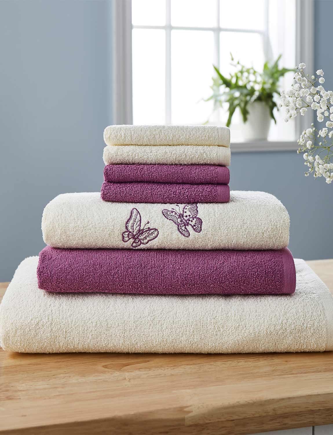 Chums Lilac Towels 7 Piece Towel Set, Bath Towel, 2 Hand Towels And 4 Facecloths 100% Cotton Soft & Absorbent Butterfly Towel Bale