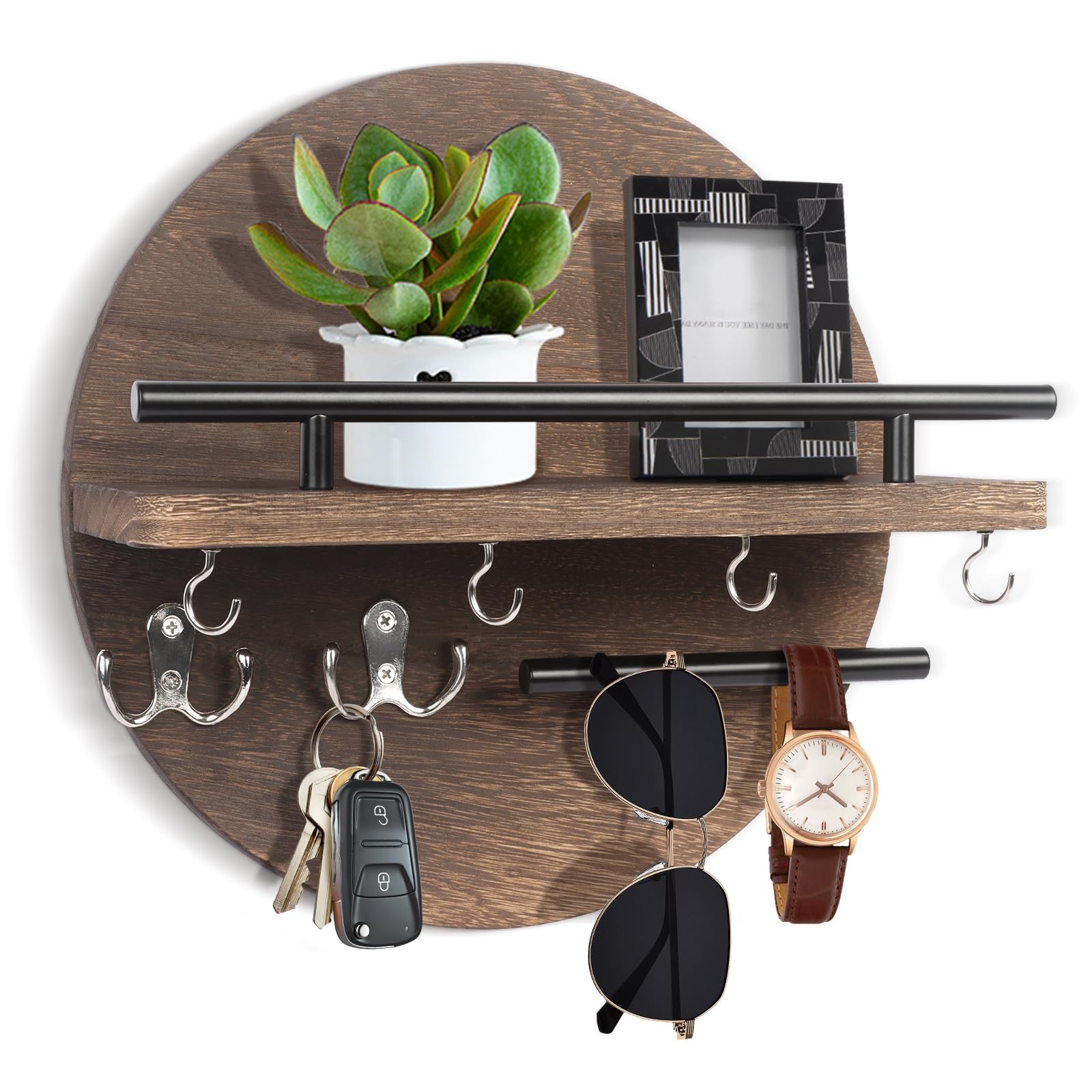 Key Holder Wall Mount Wooden, Key Rack with Shelf and 6 Key Hooks, 11.8 Inch Rustic Key and Mail Organizer, Circular Wooden Key Hanger for Entryway Hallway Kitchen (Brown)