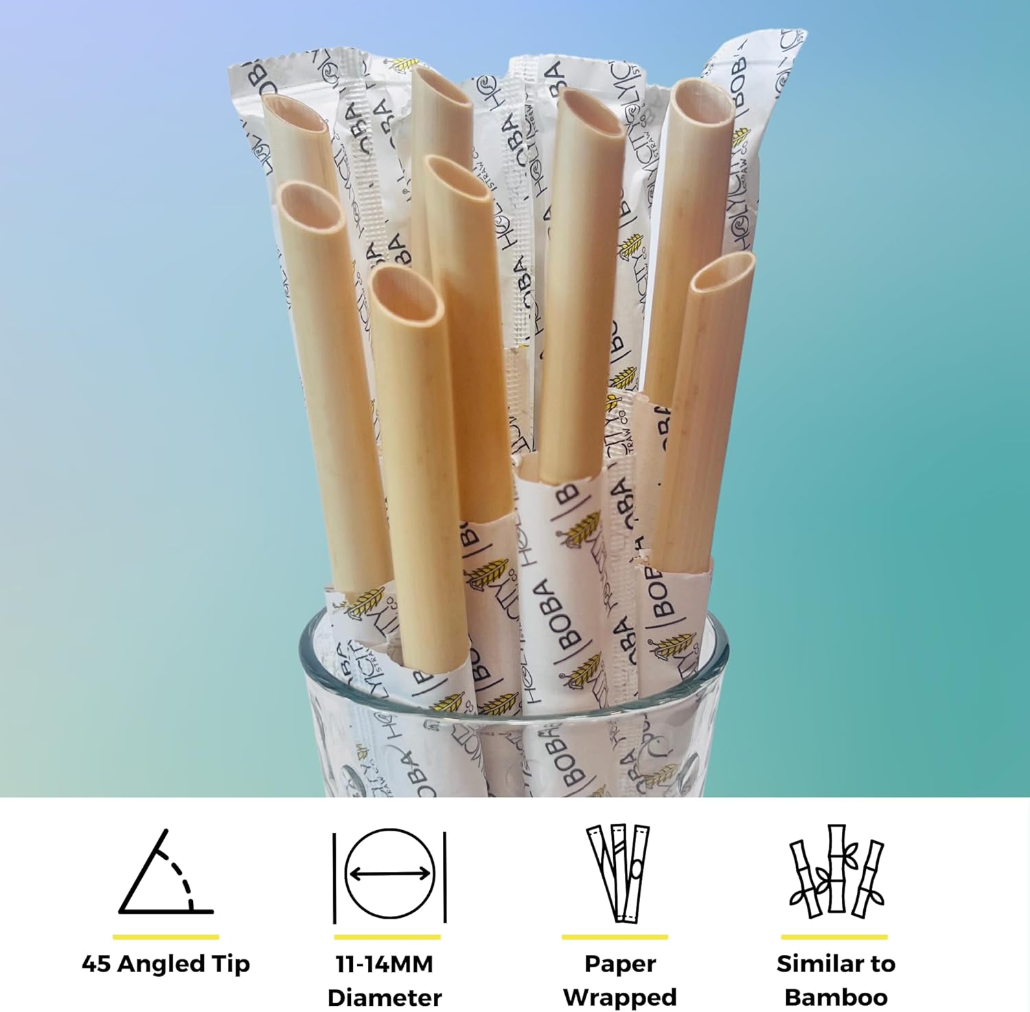 Boba Reed Drinking Straws | 4500ct. | 8” Long, 12mm wide | Similar to Bamboo | Wrapped | 100% Plant-based, Certified Compostable | Great for Boba, Bubble Tea & Milkshakes