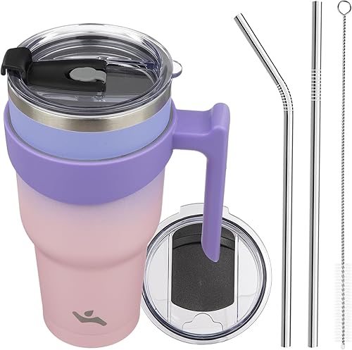 Miniatura 43 de Vaso de 30 onzas con asa y 2 pajitas, 2 tapas, botella de agua aislada de acero inoxidable con vacío, taza de viaje reutilizable, color lavanda
