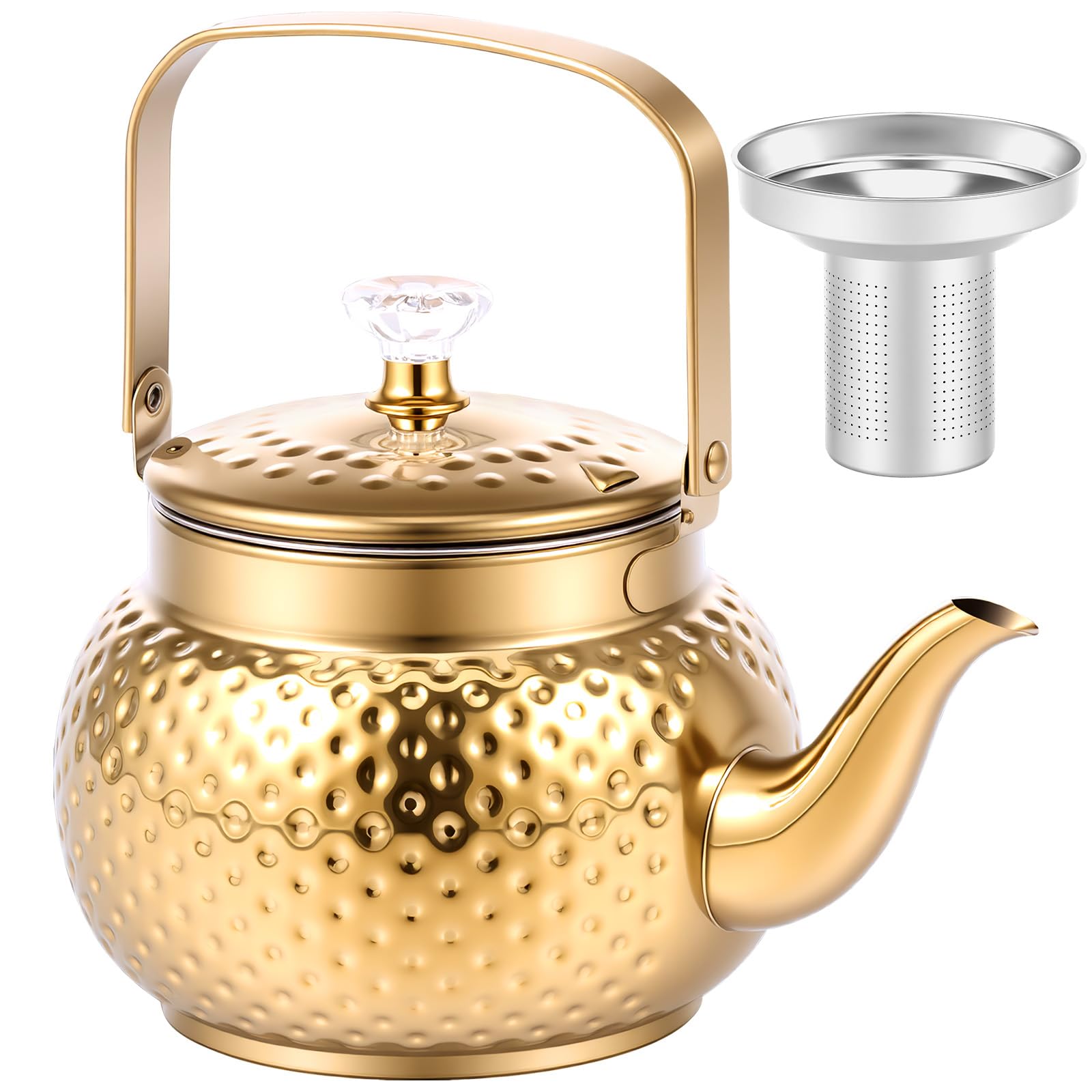 1.5/2 Litre Gold Hammered Tea Kettle Stainless Steel Coffee Pot Loose Leaf Teapot with Strainer Stovetop Tea Kettle Outdoor Camping Travel Supplies Gift for Women(2L)