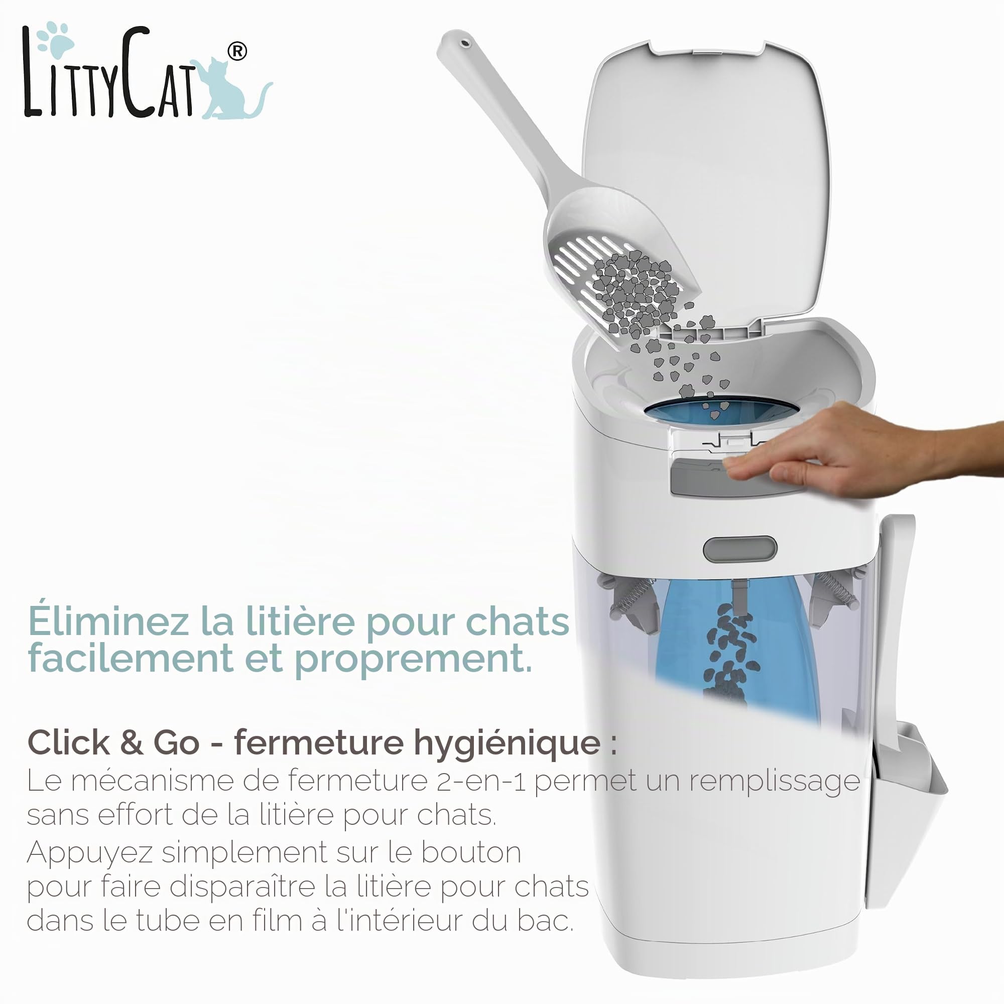 Littycat® Seau à litière pour chat incl. pelle & 3 recharges • Seau d’élimination hermétique aux odeurs • Système clic utilisable d’une seule main • Poubelle pour litière de chat