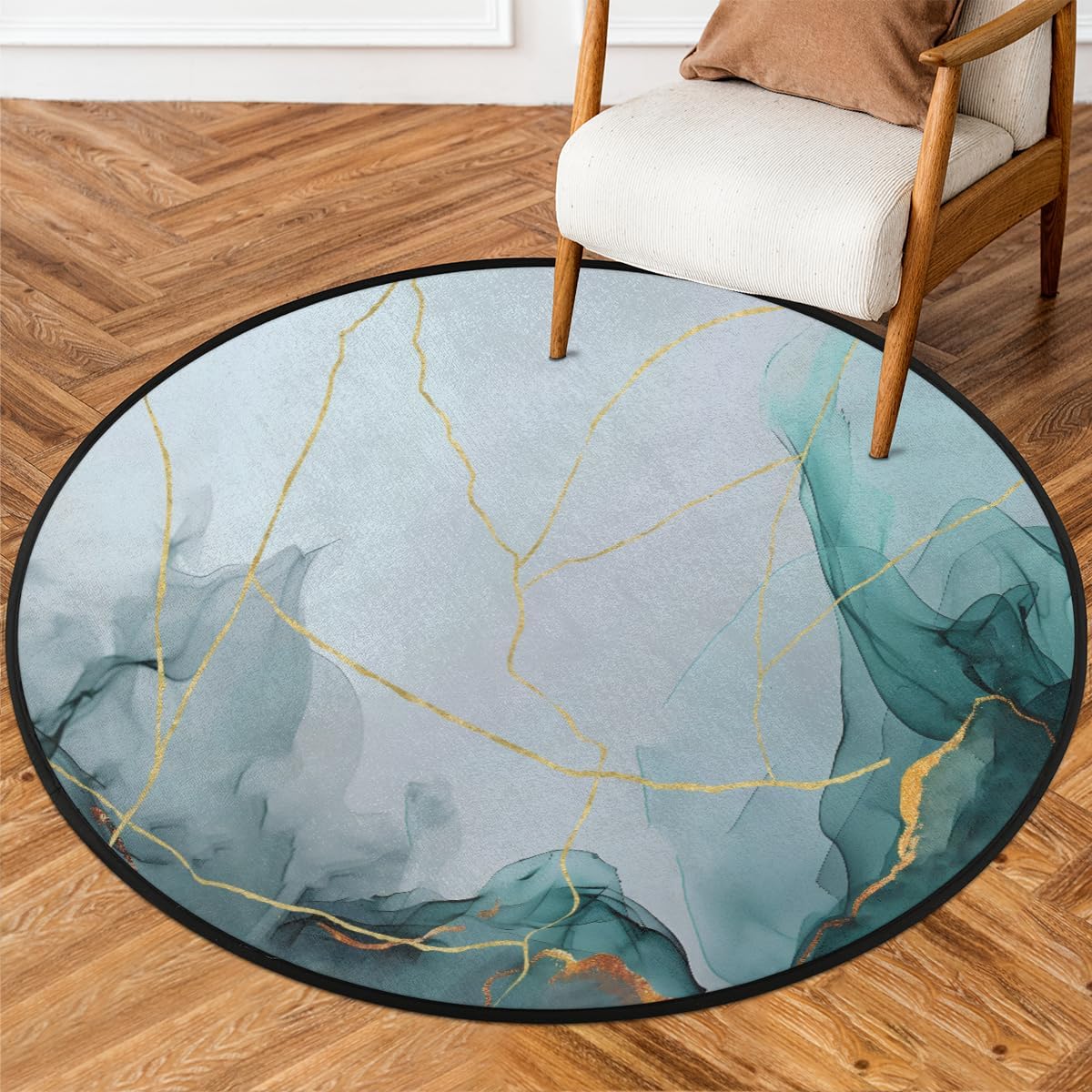 Round Rug 3ft Teal Marble Indoor Circle Area Circle Rugs Washable Non-Slip Bedside Indoor Doormat for Living Room Bedroom Playroom Nursery Room Decor Carpet Mat Splat Mat for High Chair