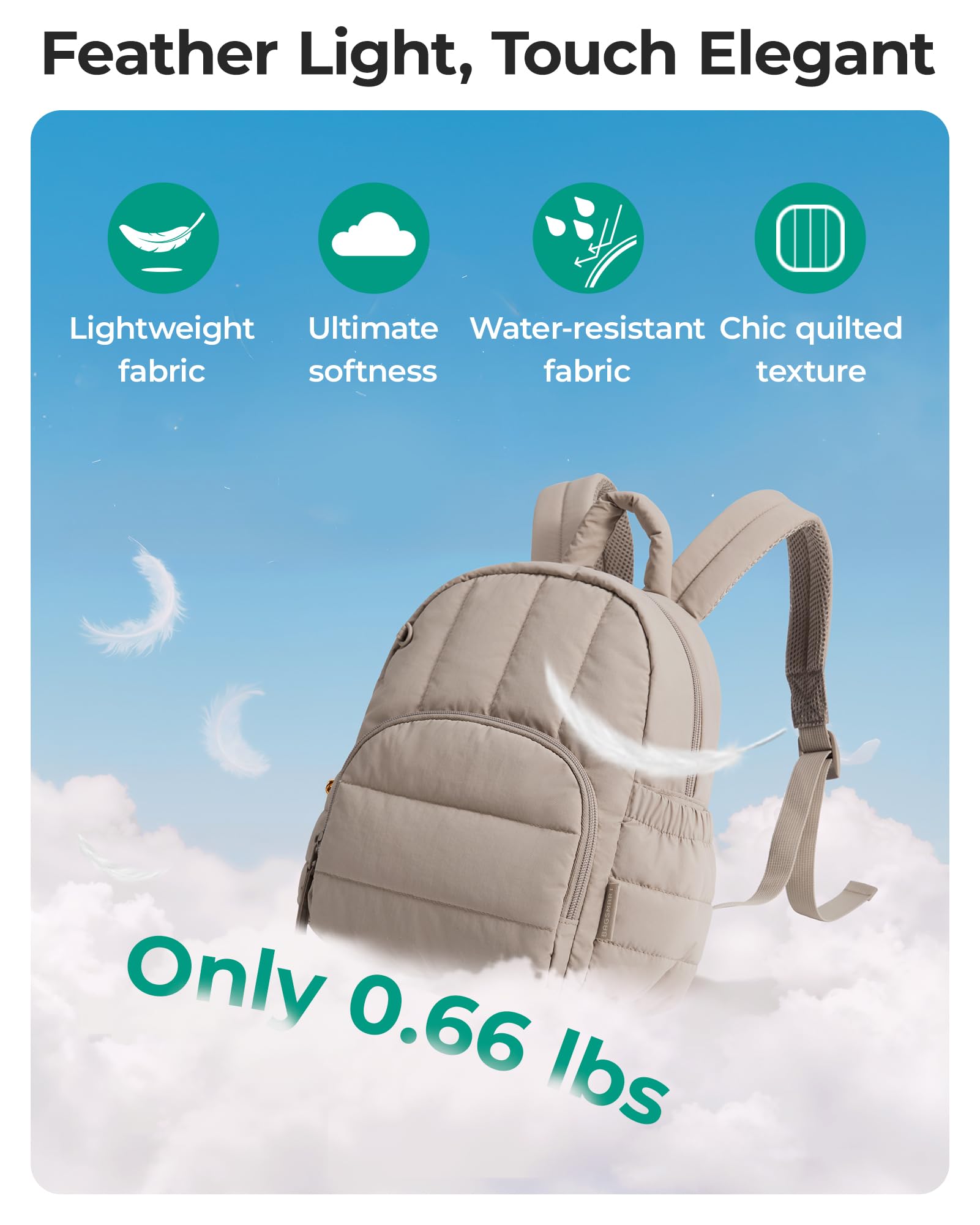 BAGSMART Rucksack Damen Klein, Leichte Puffer Cityrucksack Tagesrucksack Gesteppter Reiserucksack, Wasserdichter Mini Casual Daypack Backpack Schulrucksack für Freizeit Reisen Schule Arbeit Uni, Kamel